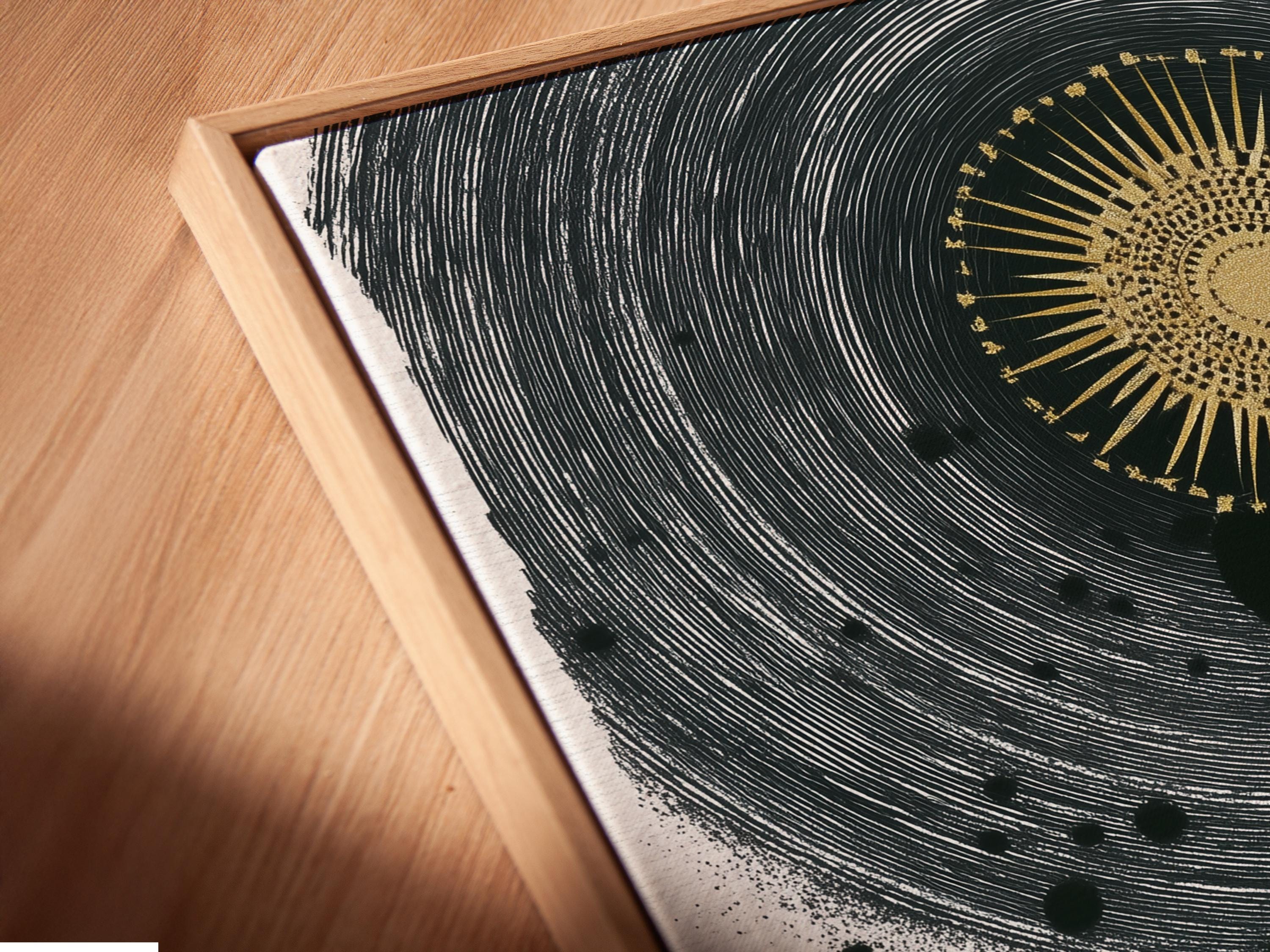 Abstract celestial eye with gold sunburst, concentric black lines and multicoloured wave bands detail view