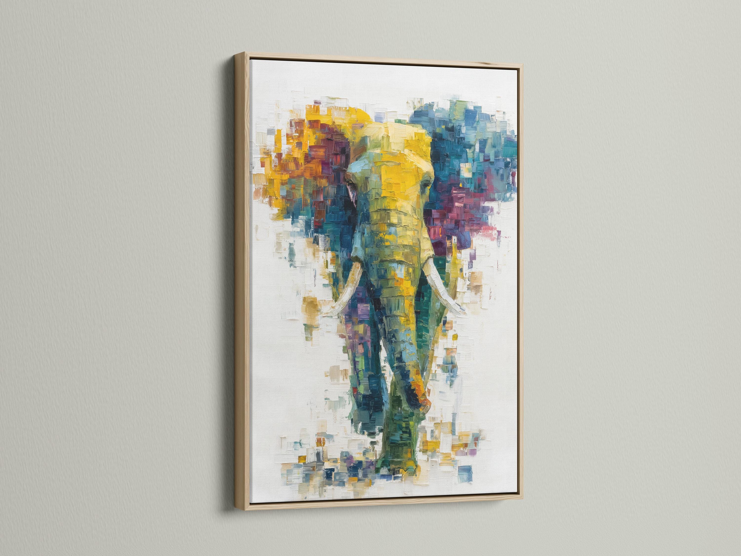 Abstract elephant artwork with layered teal, yellow and magenta colour blocks on an off-white background detail view