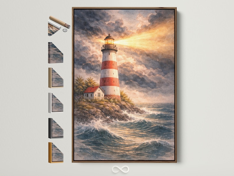 Lighthouse on a rocky coast in a stormy seascape with dark clouds and a warm golden beam