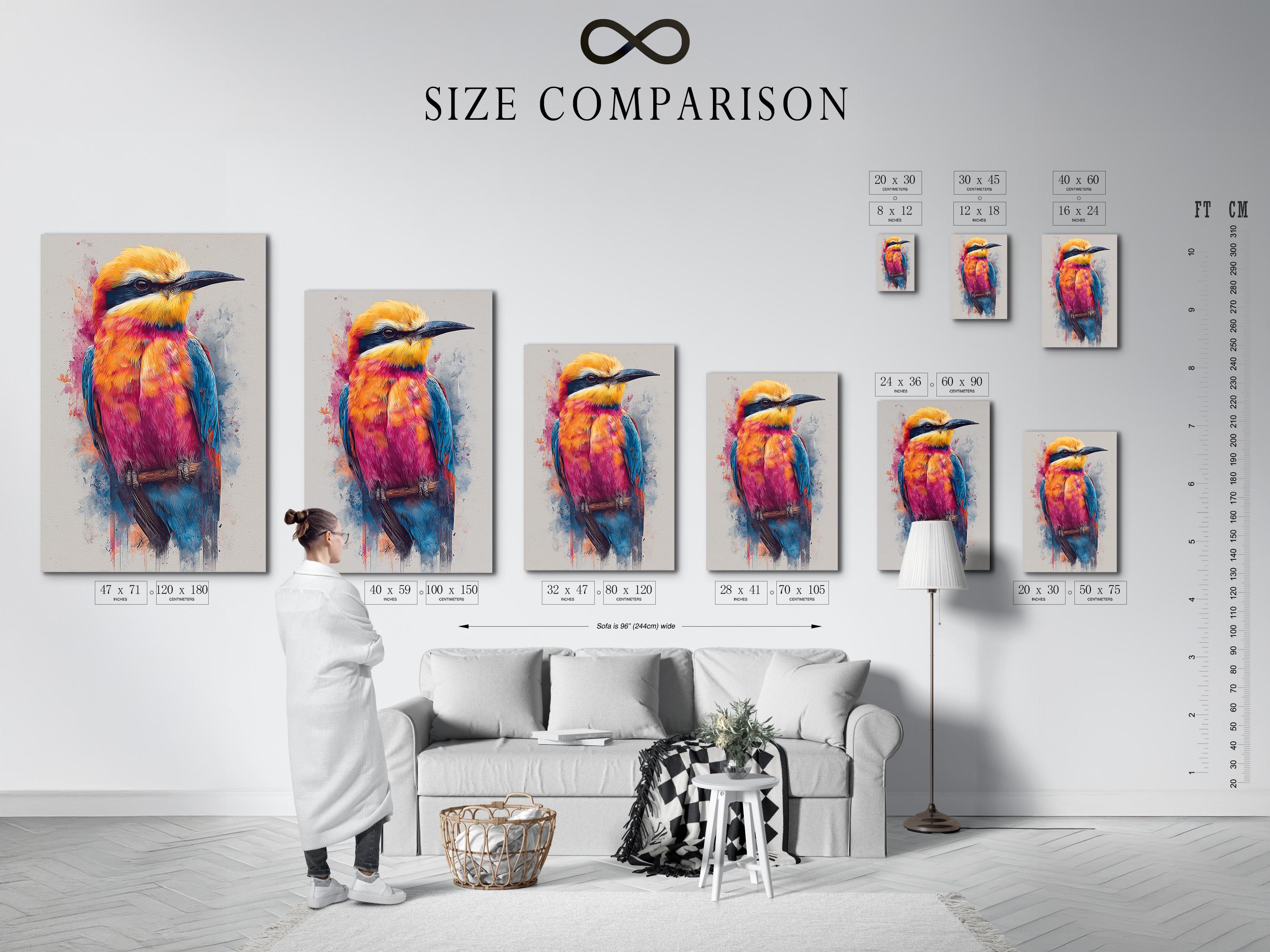 Colourful stylised bird in orange, pink and turquoise with splatter washes on a light background detail view