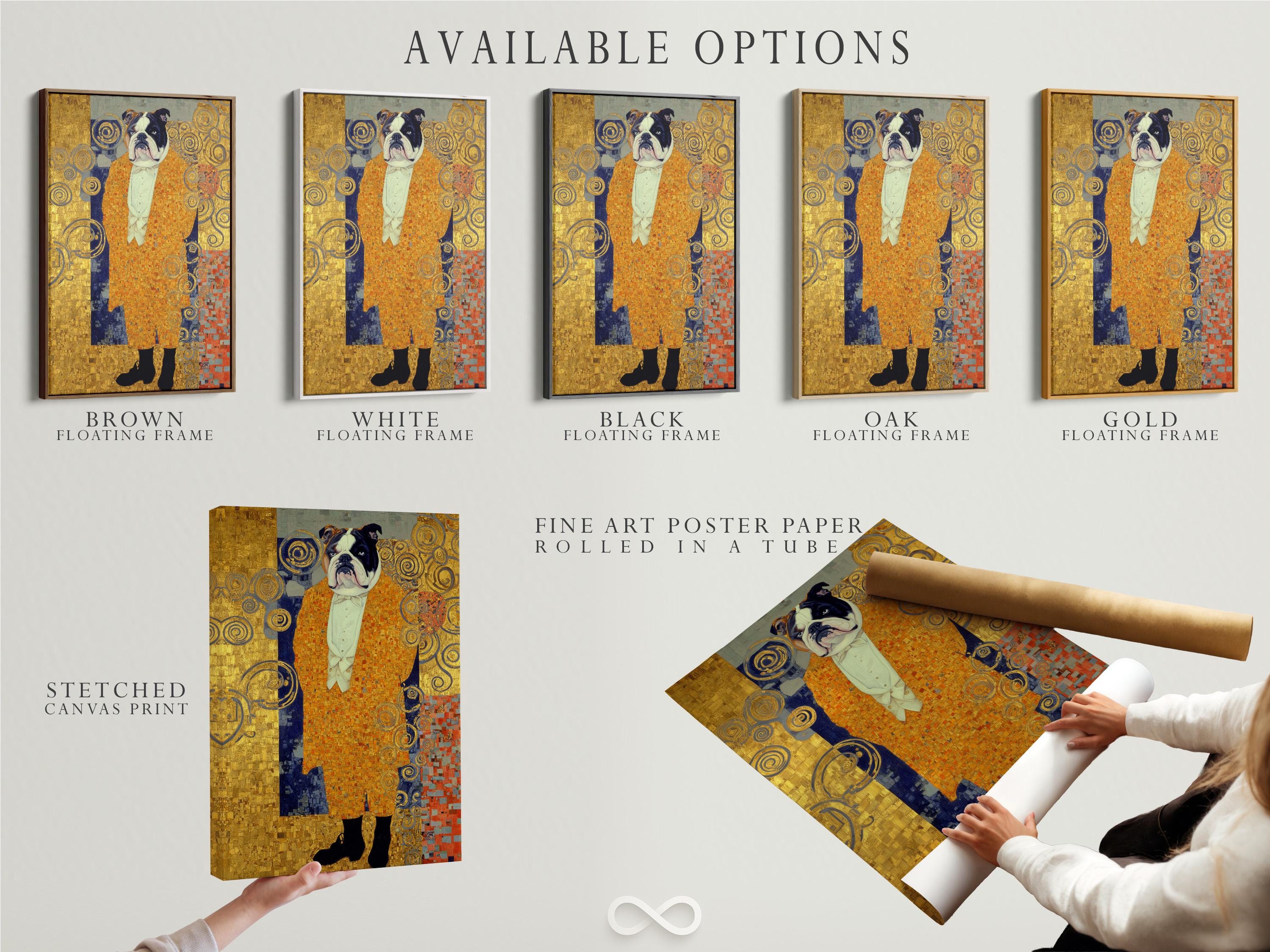 Stylised bulldog portrait with gold ornamental swirls and mosaic-like background in blue and warm reds detail view