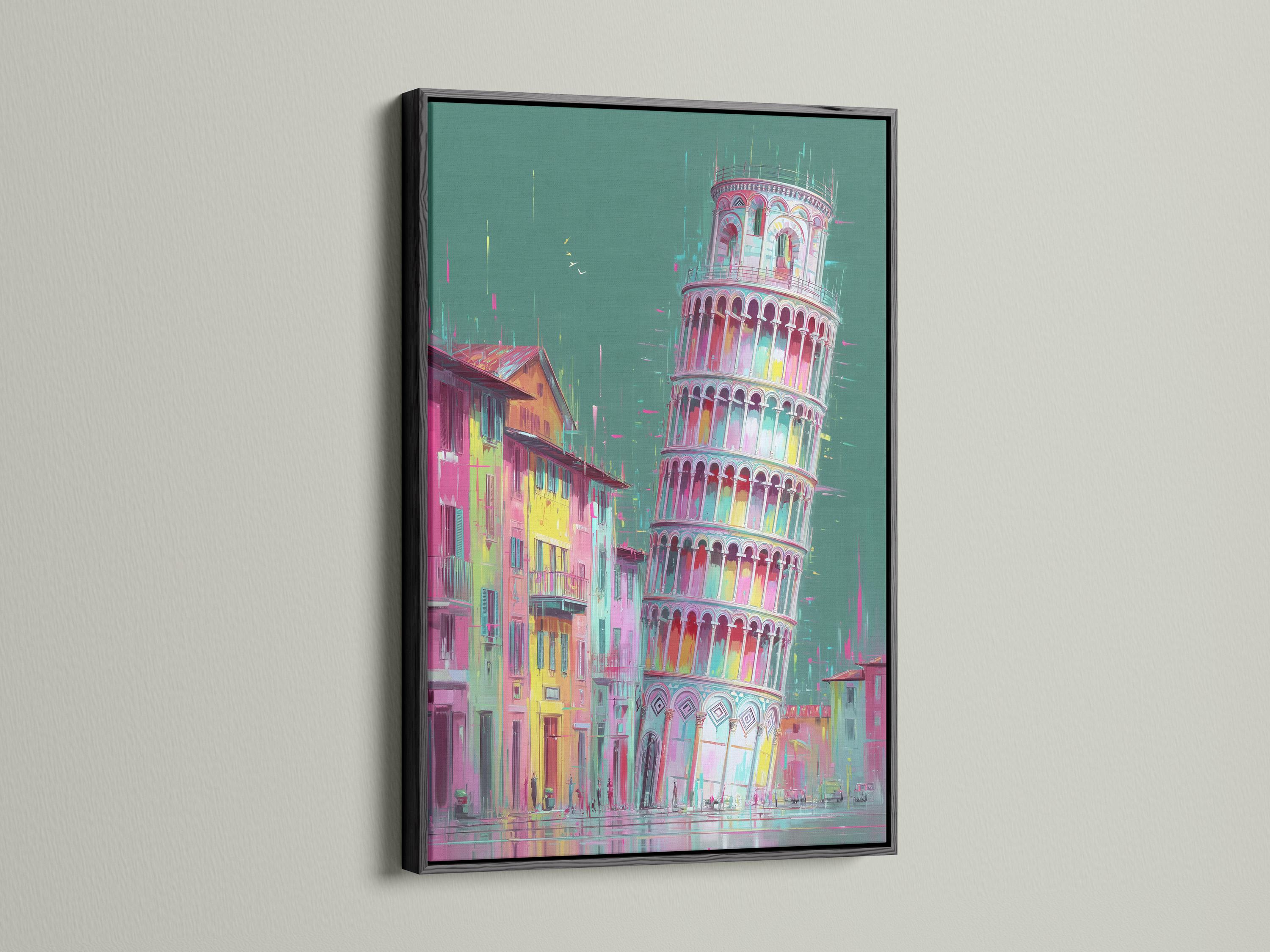 Stylised tall tower and city street in teal, pink, yellow and cyan detail view