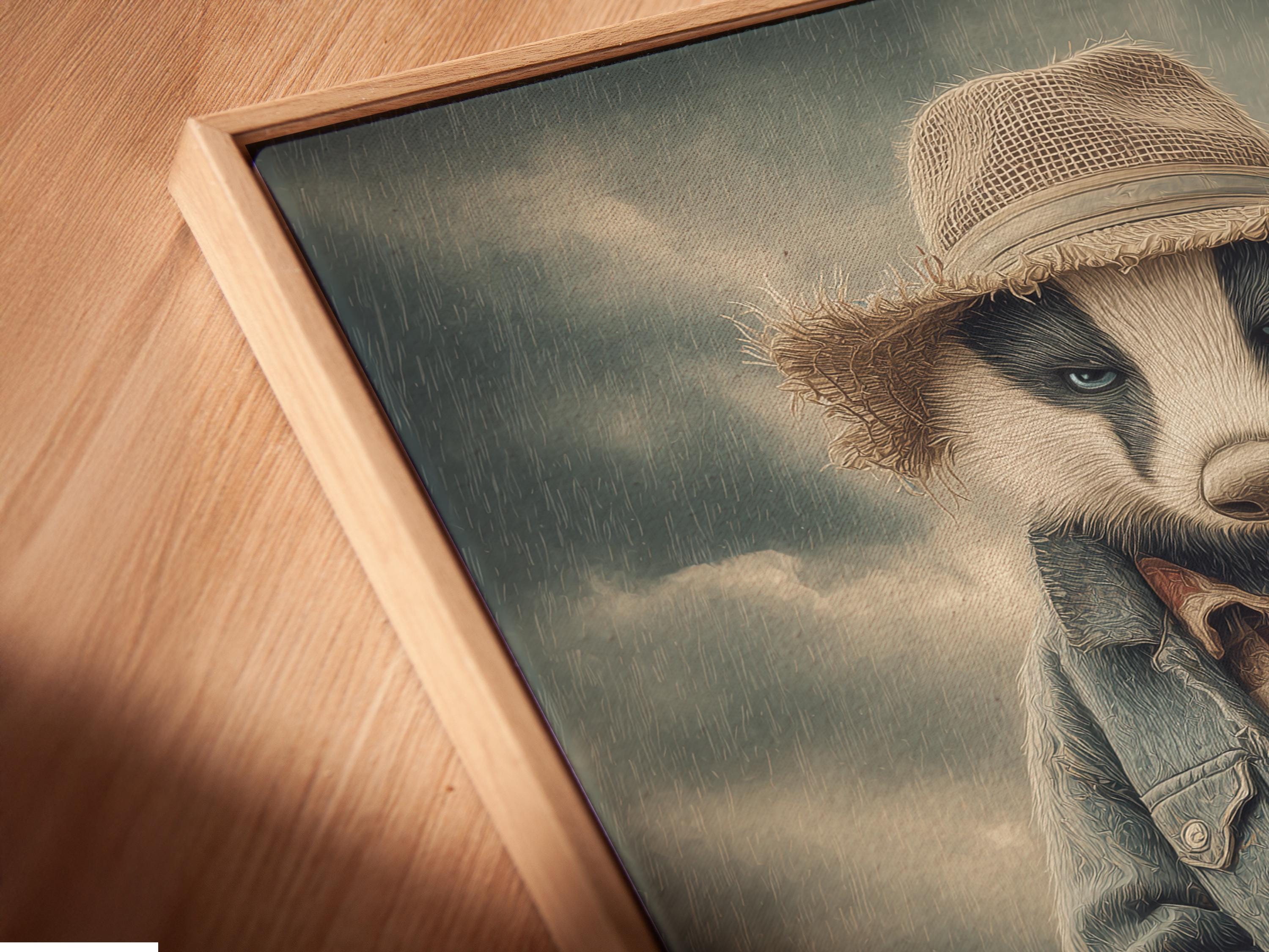 Stylised badger character wearing a straw hat and denim jacket in a sandy western scene detail view