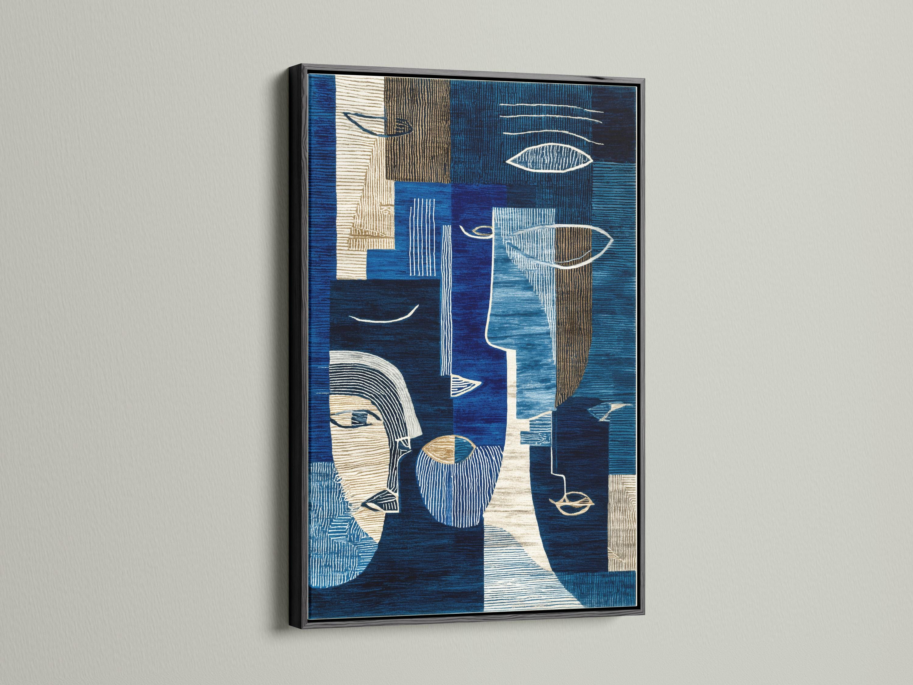 Indigo abstract faces artwork with navy, cream and gold geometric line patterns detail view