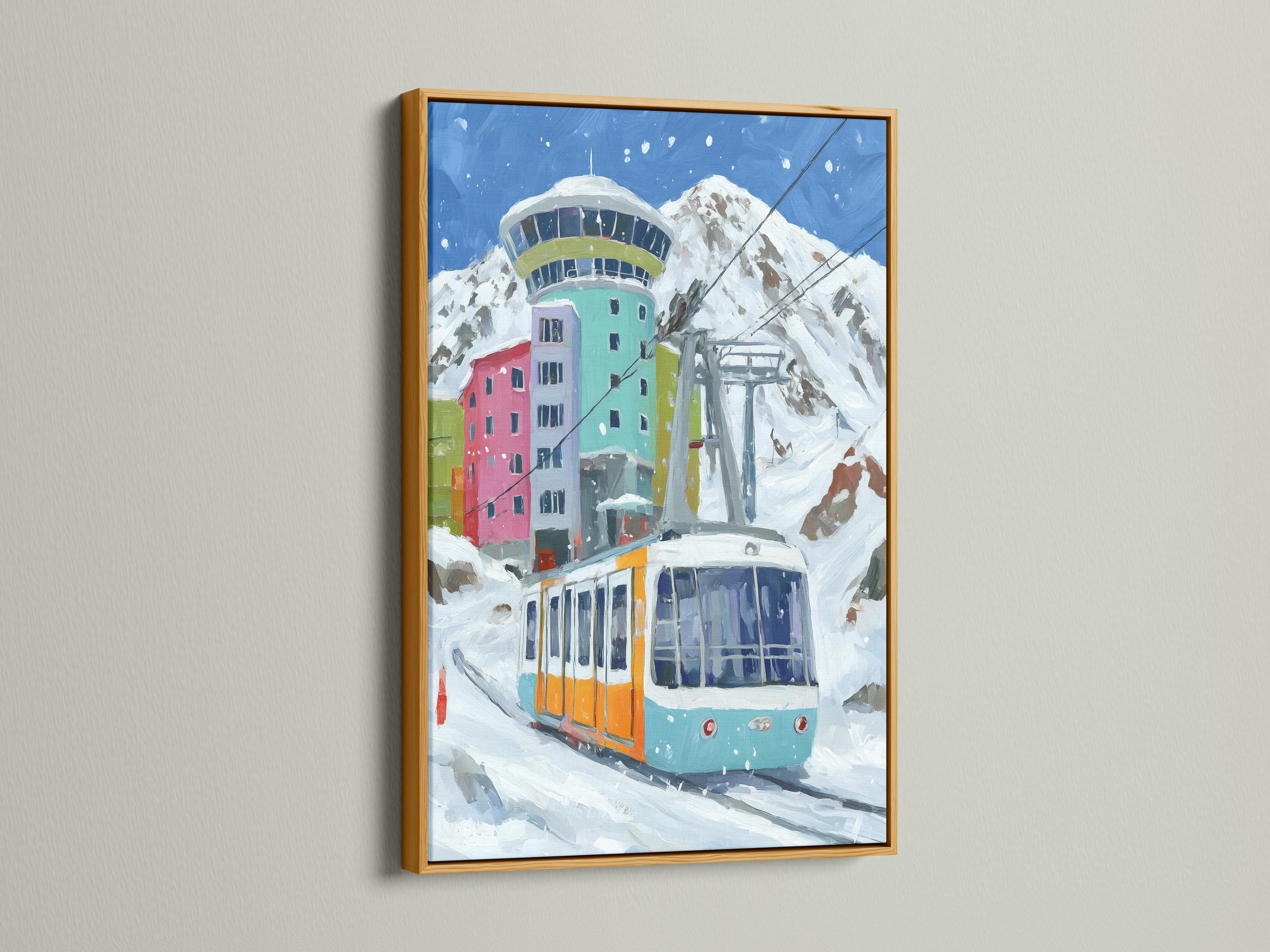 Painterly cable car gondola in a snowy alpine mountain scene with colourful buildings and falling snow detail view