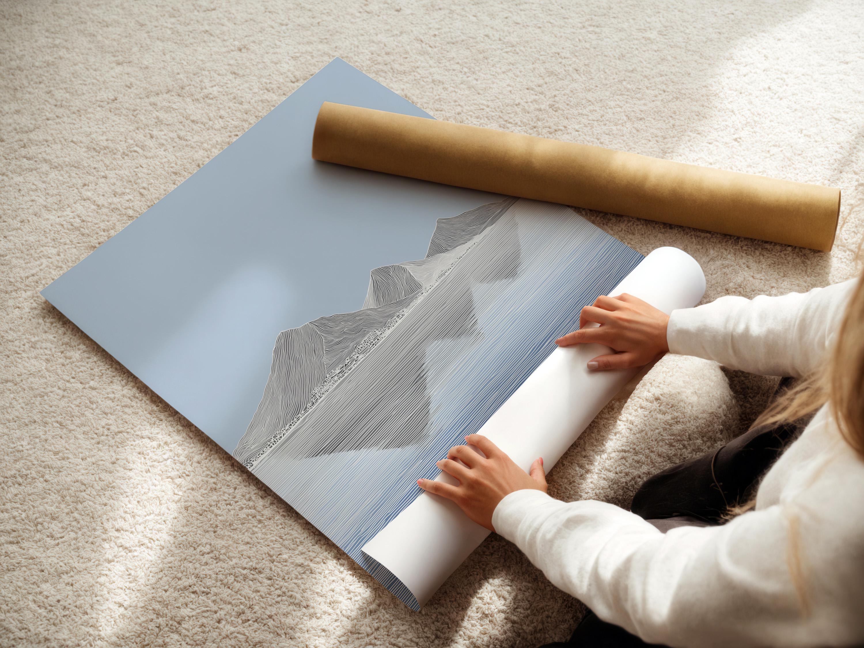 Wall mockup showing a framed blue minimalist mountain reflection landscape artwork