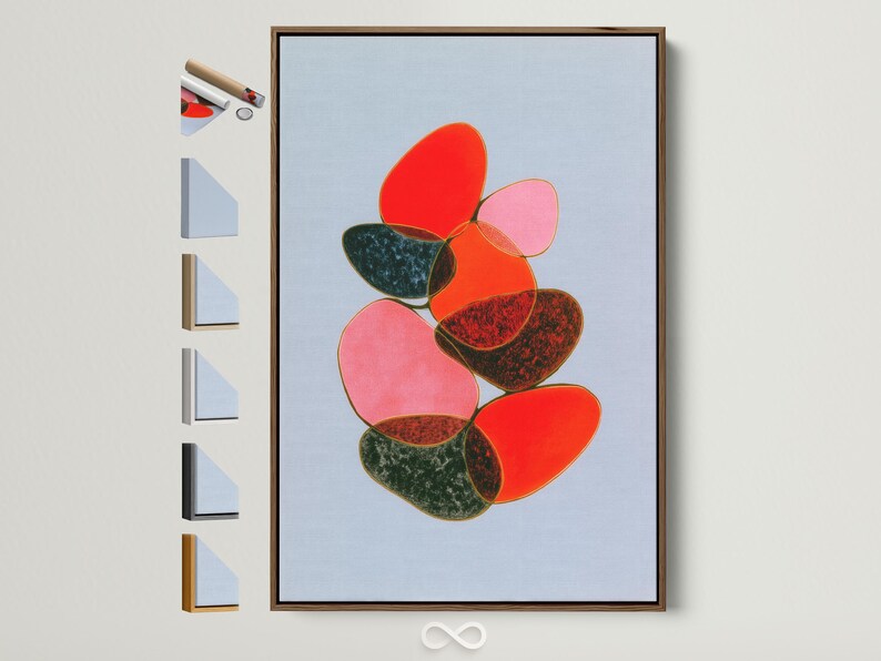 Abstract artwork with overlapping rounded shapes in red, pink and green on a light blue background