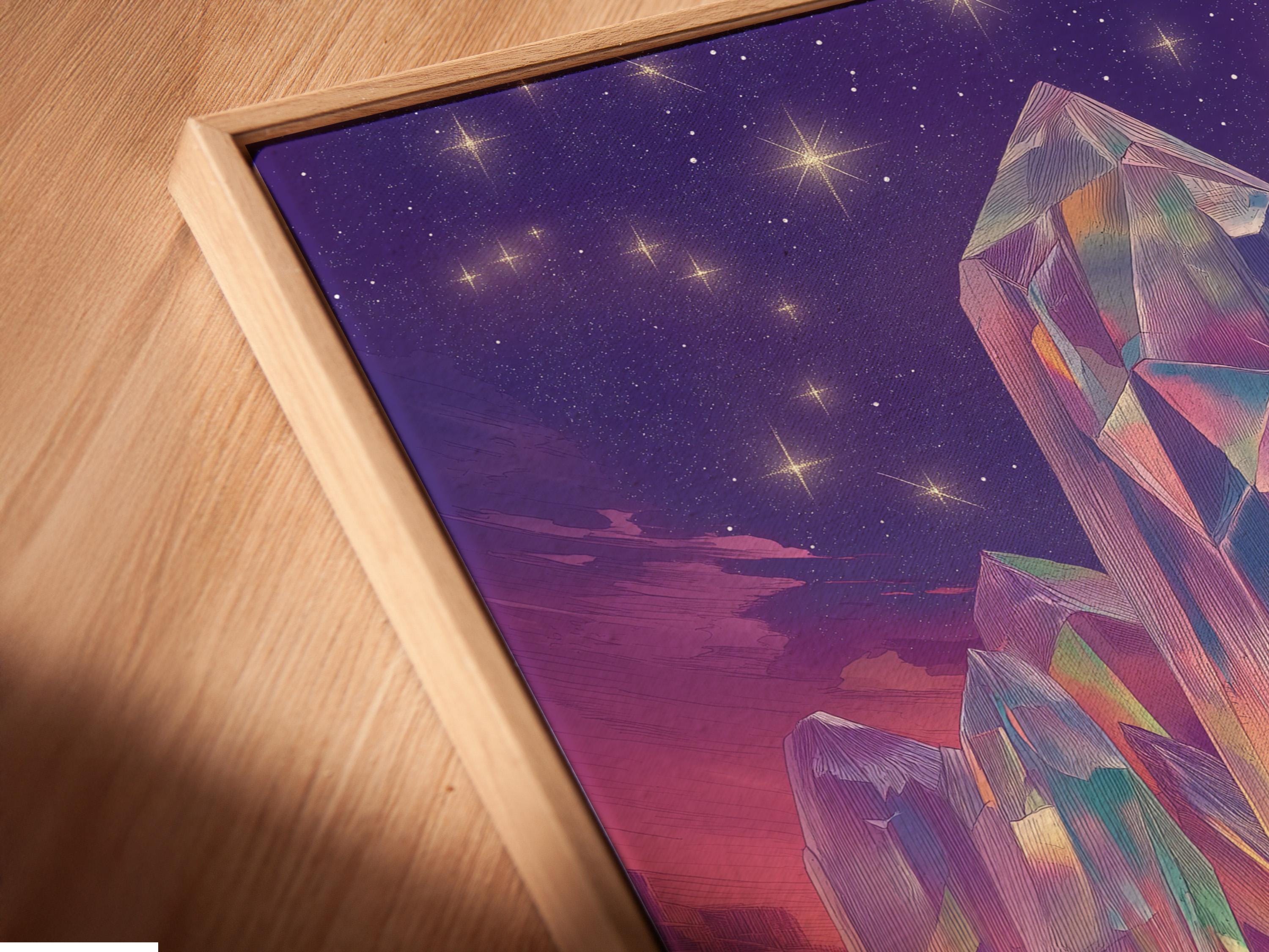Purple crystal mountain landscape with a starry sky and reflective lake detail view
