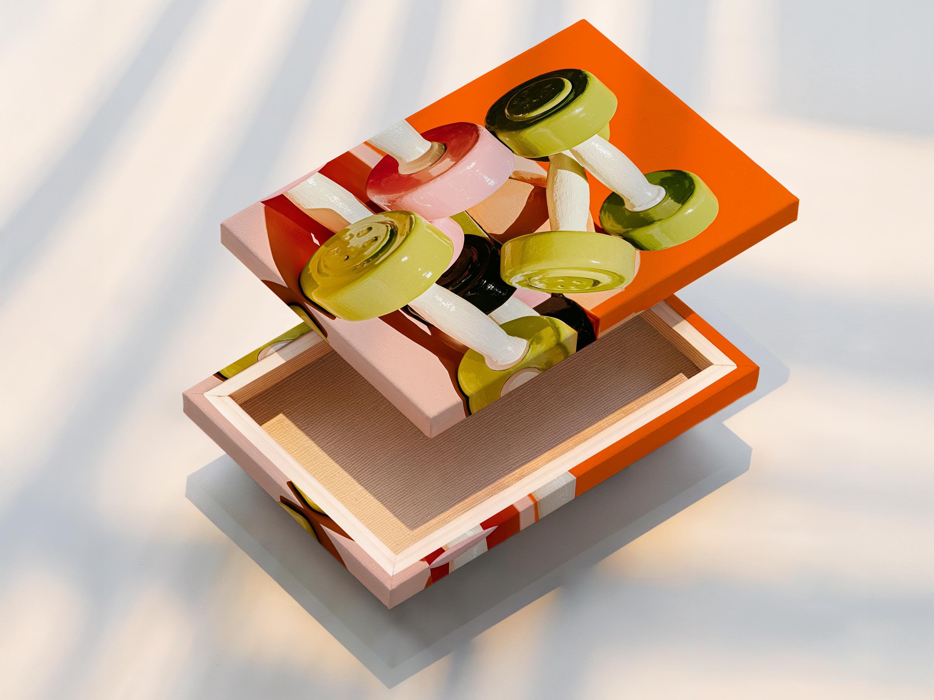 Stylised dumbbell artwork with green and yellow weight plates on a bright orange background detail view