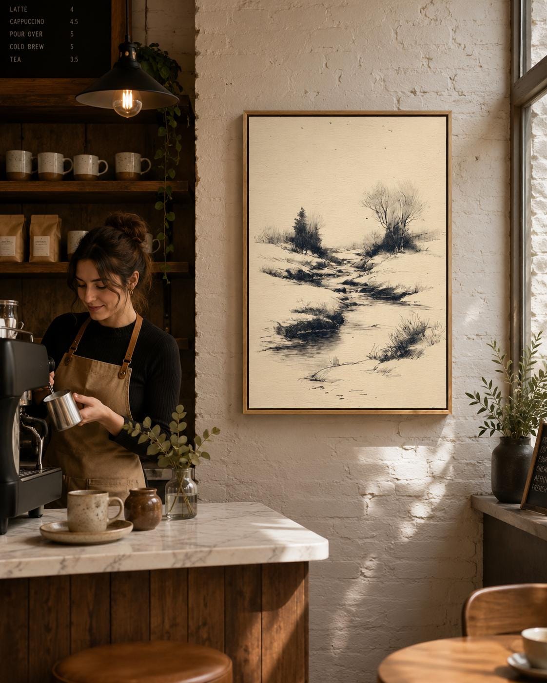 Woman holding a large framed beige river landscape sketch on a light wall in a bright room