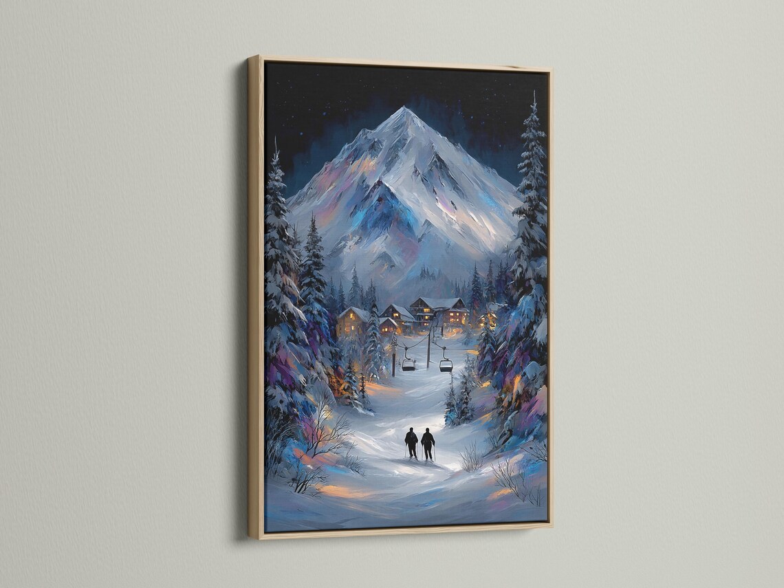 Snowy mountain night scene with pine trees, a ski village and warm lit windows under stars detail view