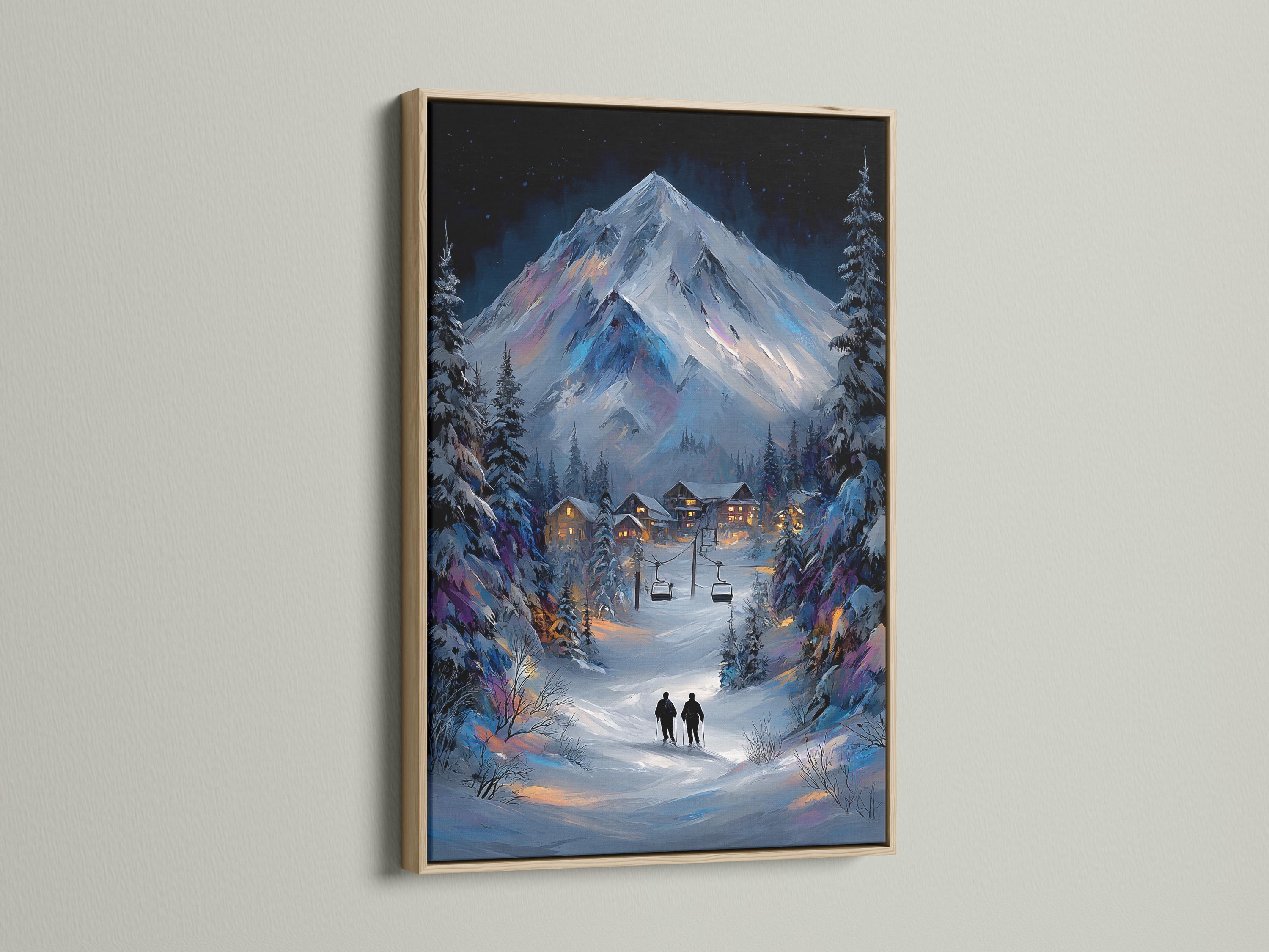 Snowy mountain night scene with pine trees, a ski village and warm lit windows under stars detail view