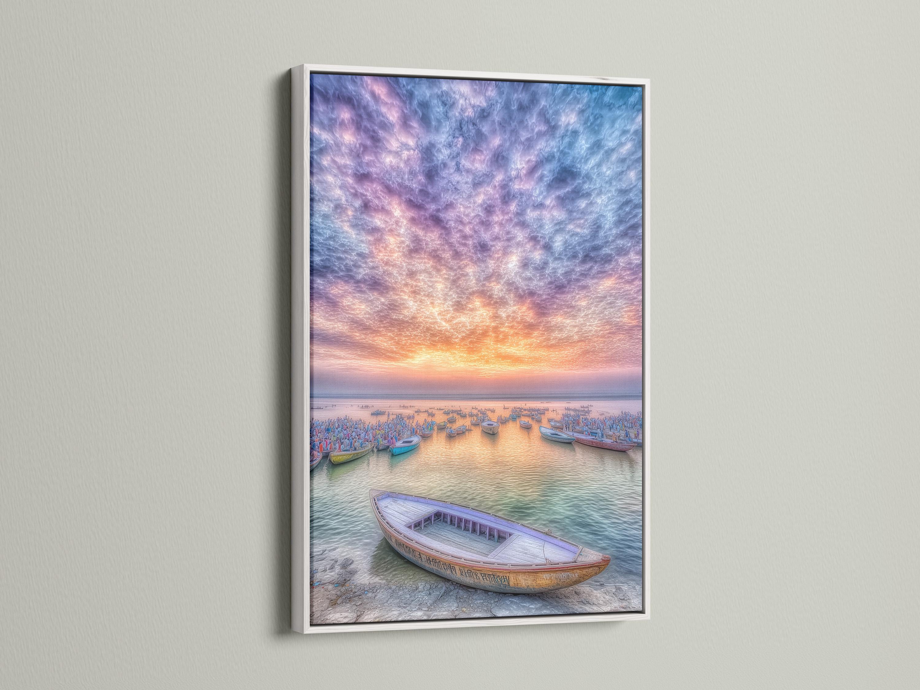 Harbour sunset scene with boats and swirling purple-blue clouds detail view