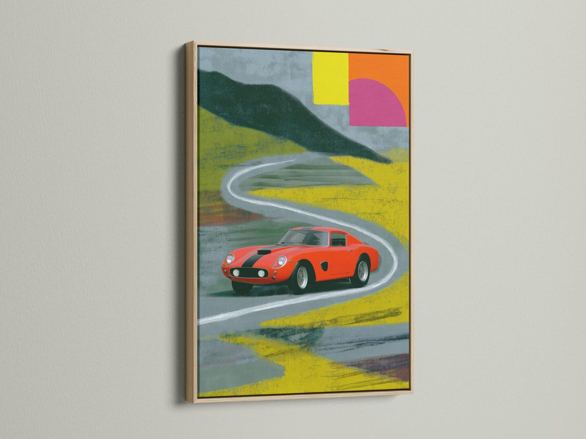Red vintage race car on a curving track with geometric blocks in pink, yellow and green detail view