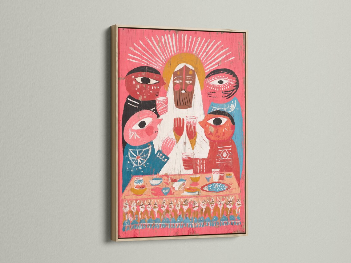 Stylised folk illustration with three haloed figures, bowls on a table, and a crowd band on a red background detail view