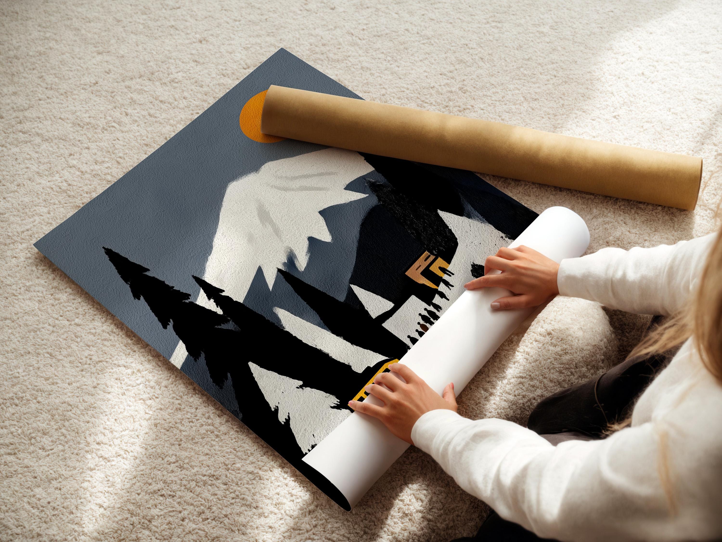 Room mockup showing a framed yellow train winter mountain artwork