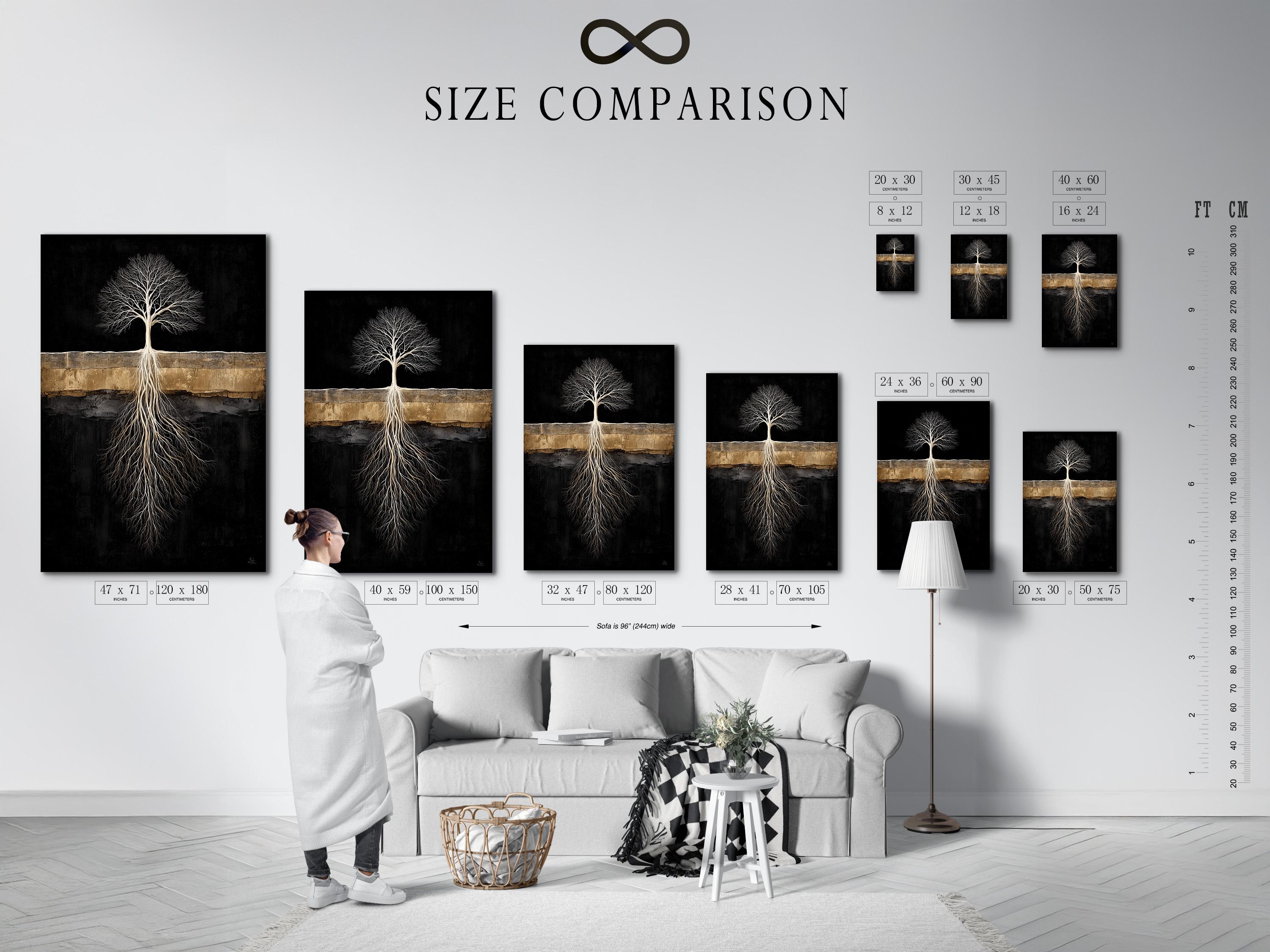 Room mockup with a person reading and a dark tree roots artwork above a bed