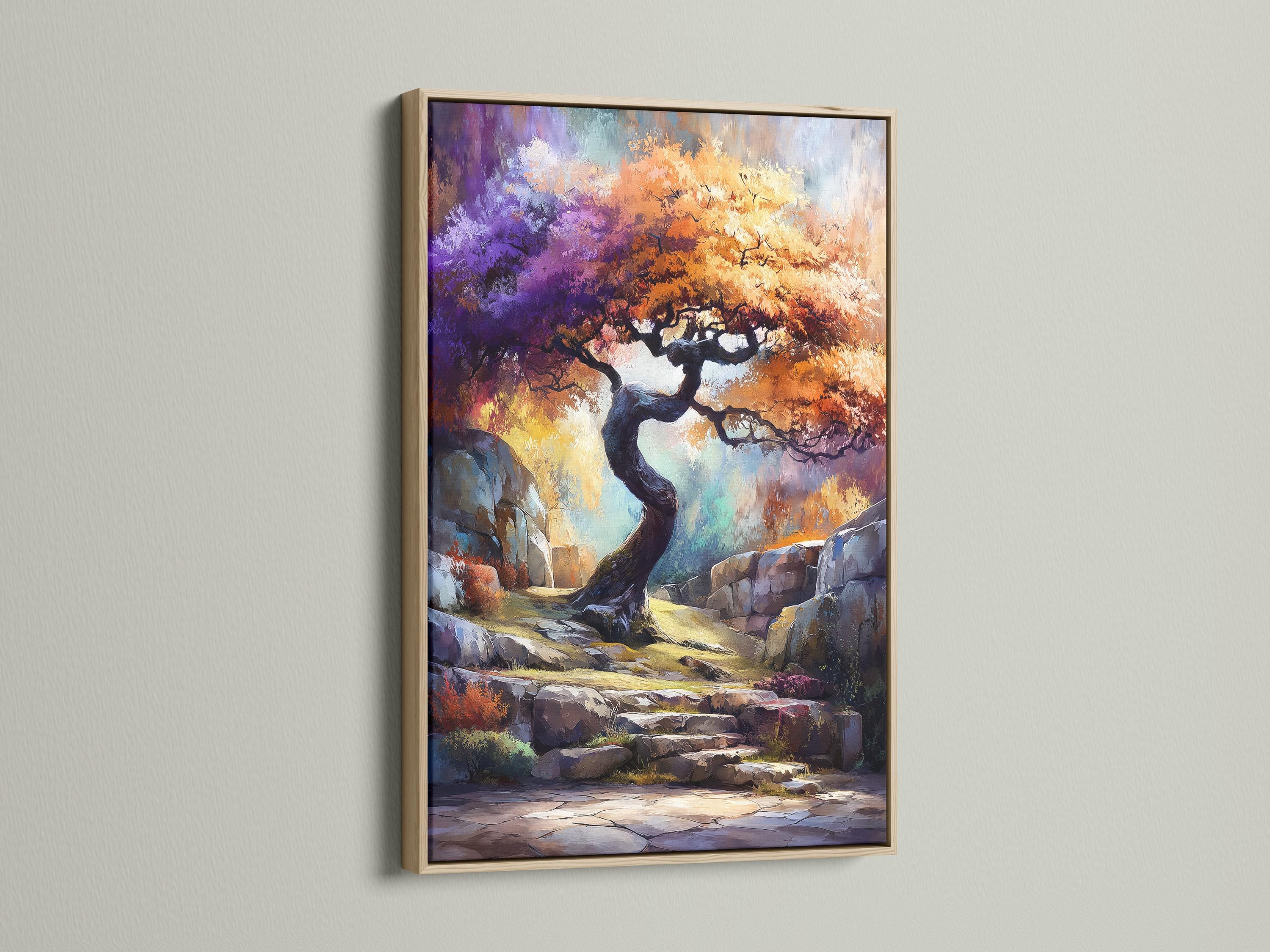 Fantasy tree landscape artwork with a twisted tree, rocky steps and vivid purple, orange and blue colours detail view
