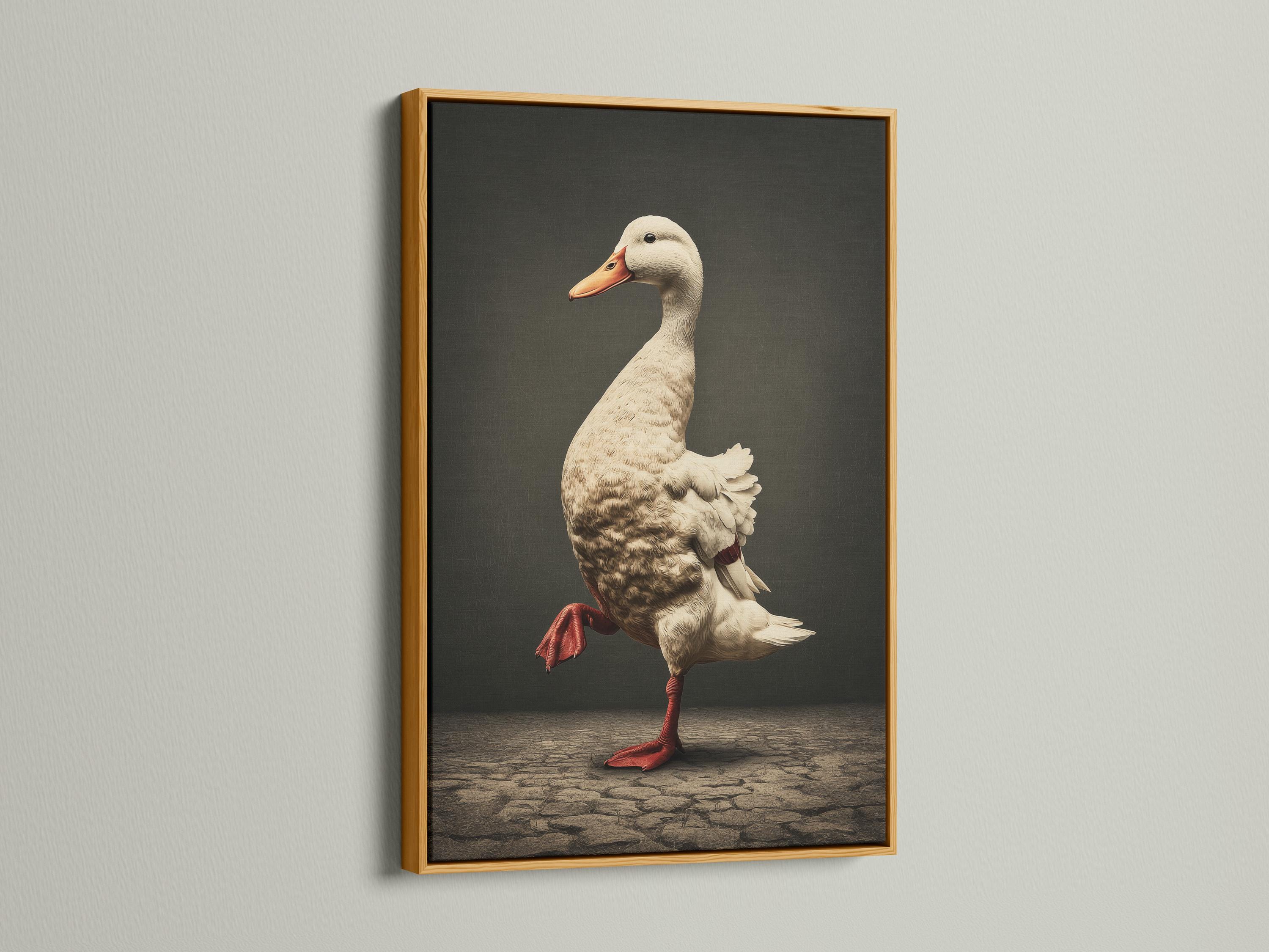 Vintage duck illustration in cream and rust red-orange standing on cobblestone-like ground against a dark background detail view