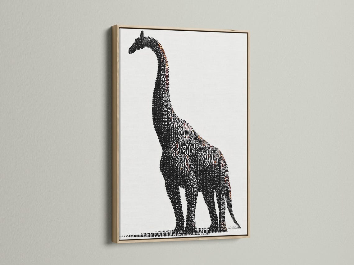 Brontosaurus silhouette made of dense black dots with small terracotta accents on a light background detail view