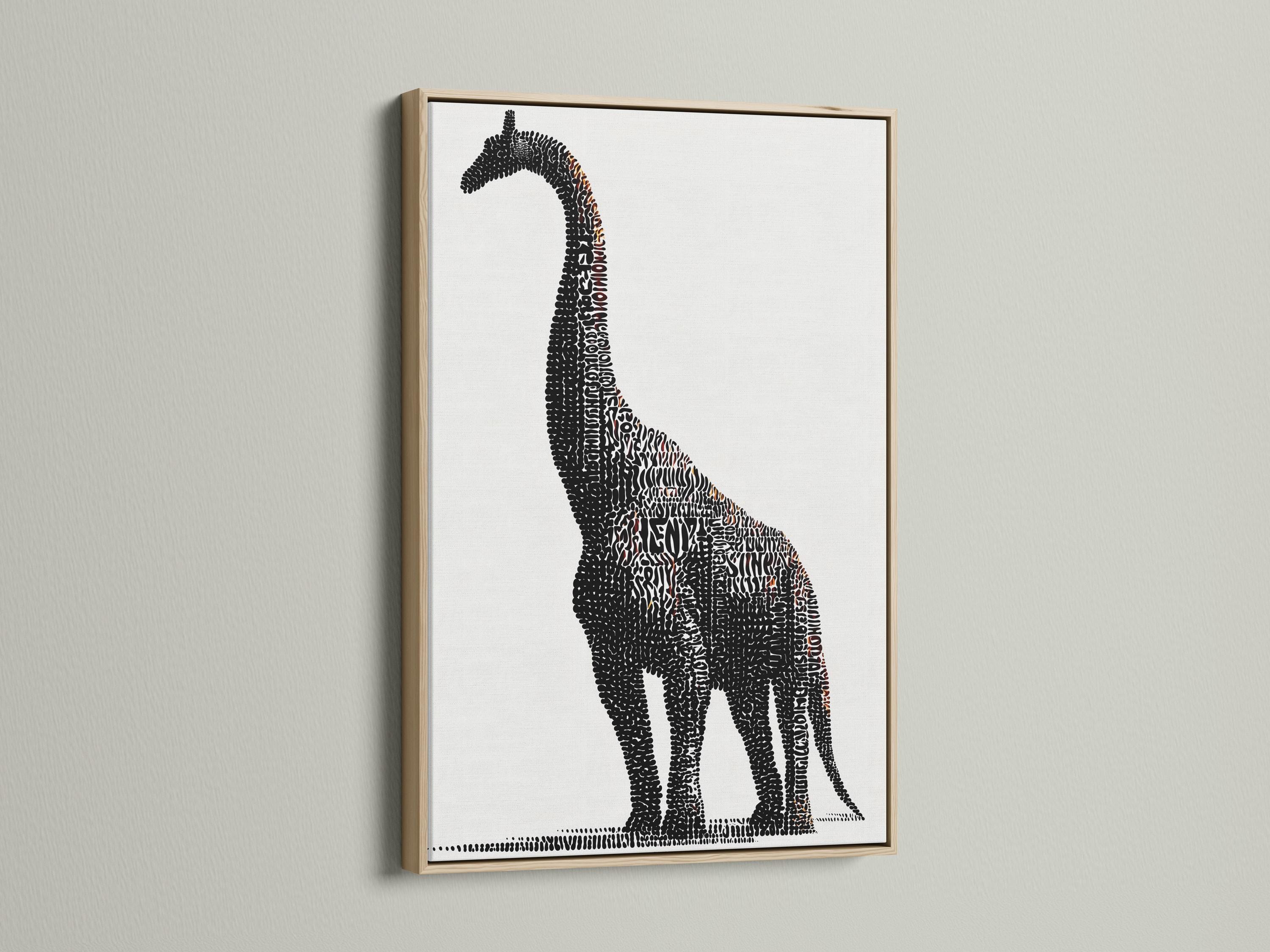 Brontosaurus silhouette made of dense black dots with small terracotta accents on a light background detail view