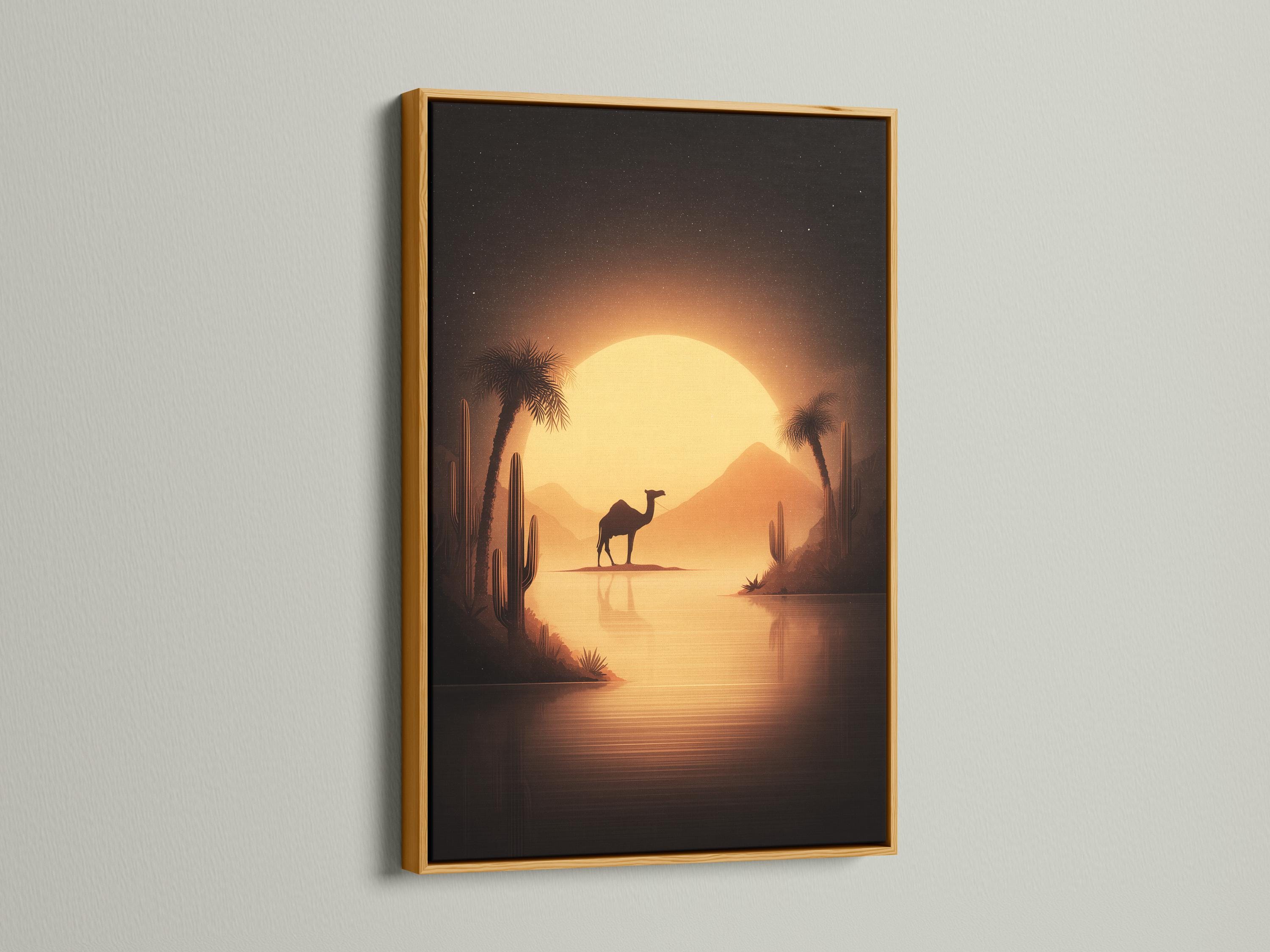 Camel silhouette in a desert sunset scene with a glowing sun, cacti, palm trees and distant mountains detail view