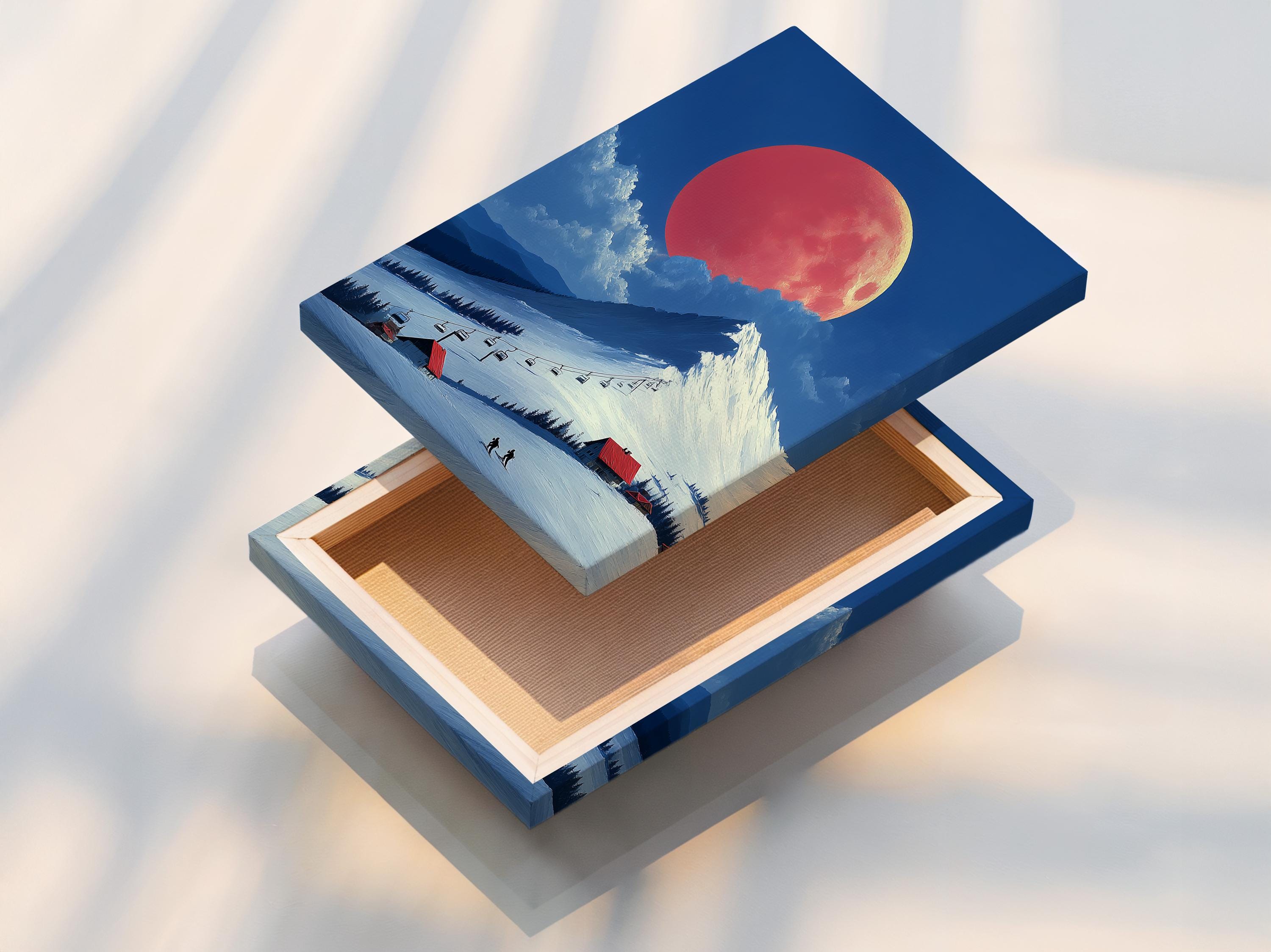 A snowy mountain landscape is shown under a large red-orange moon, with blue slopes, clouds, a ski lift line, and small skiers below detail view
