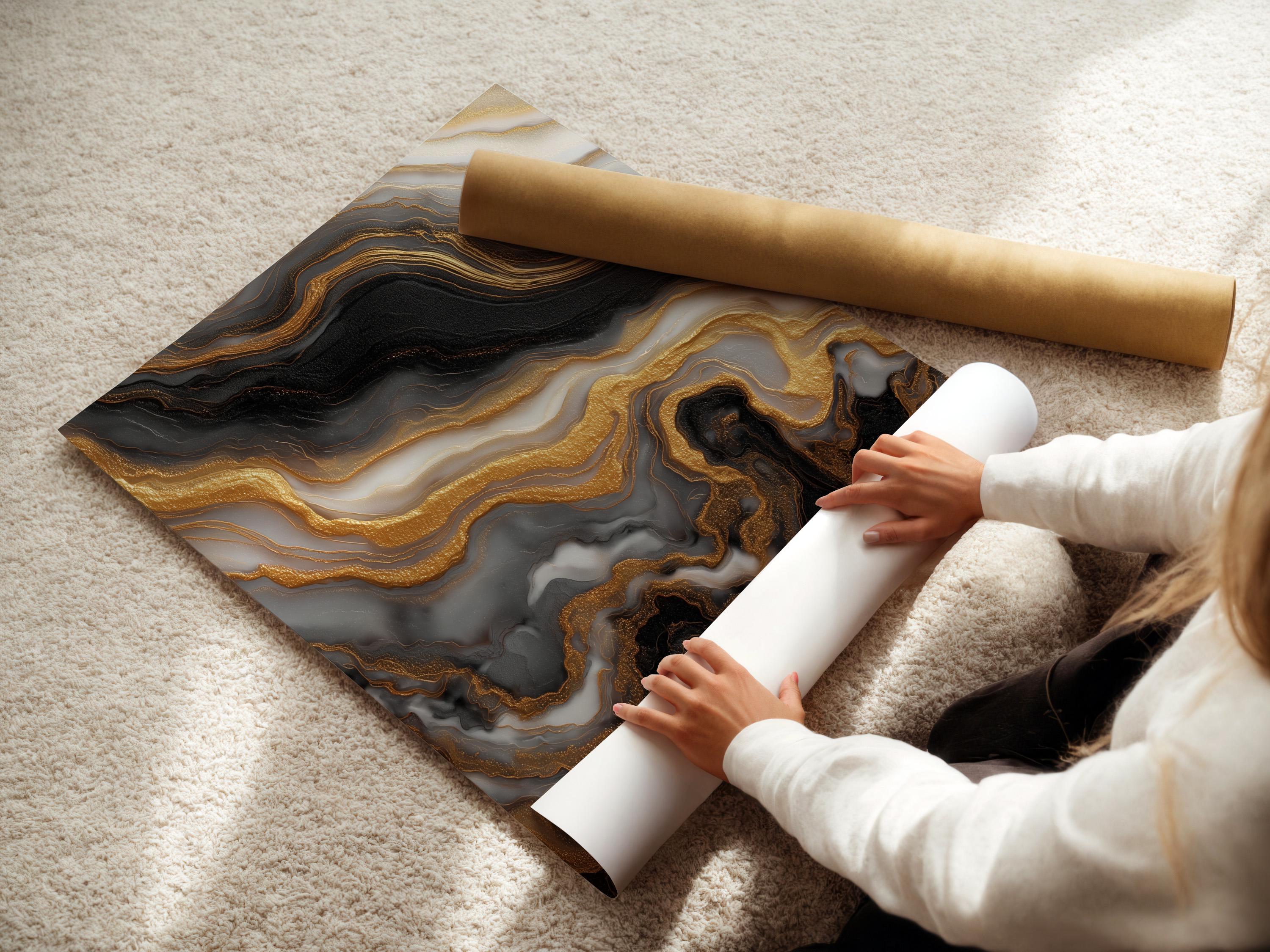 Abstract marble-like design with black and grey swirls and gold vein lines detail view