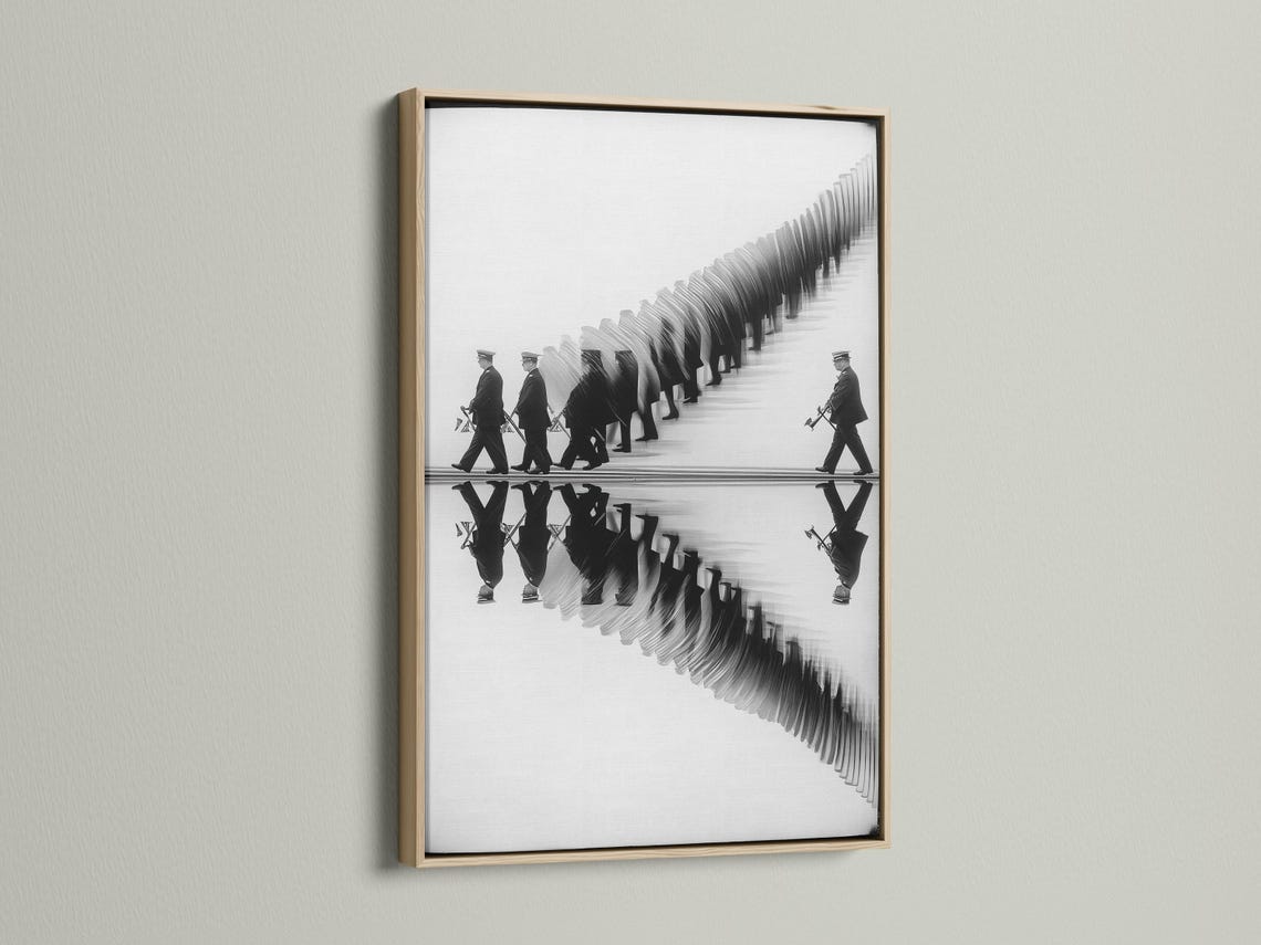 Black and white image of a marching band with mirrored reflection on a pale surface detail view