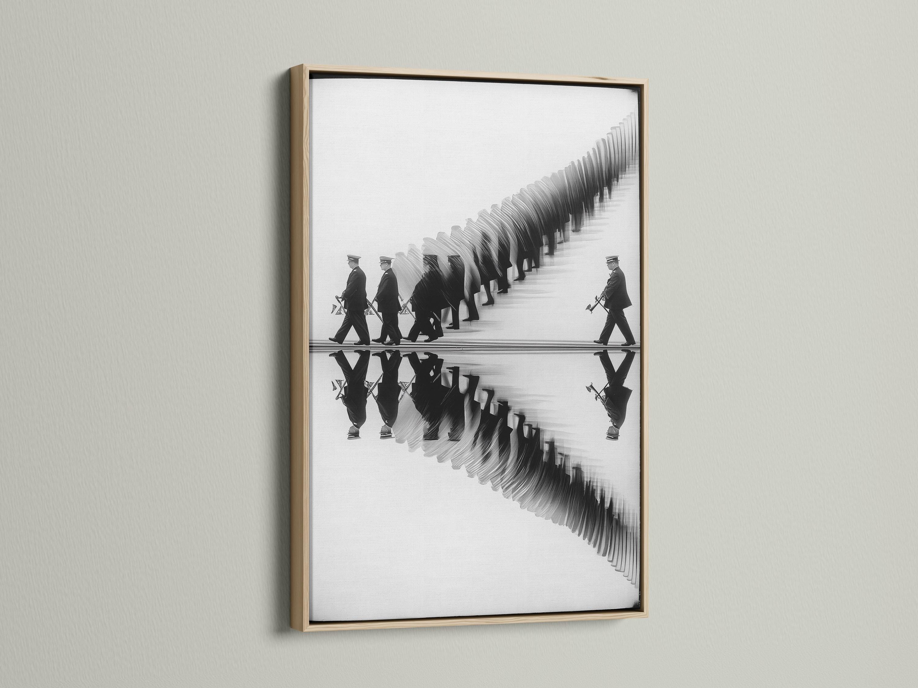Black and white image of a marching band with mirrored reflection on a pale surface detail view