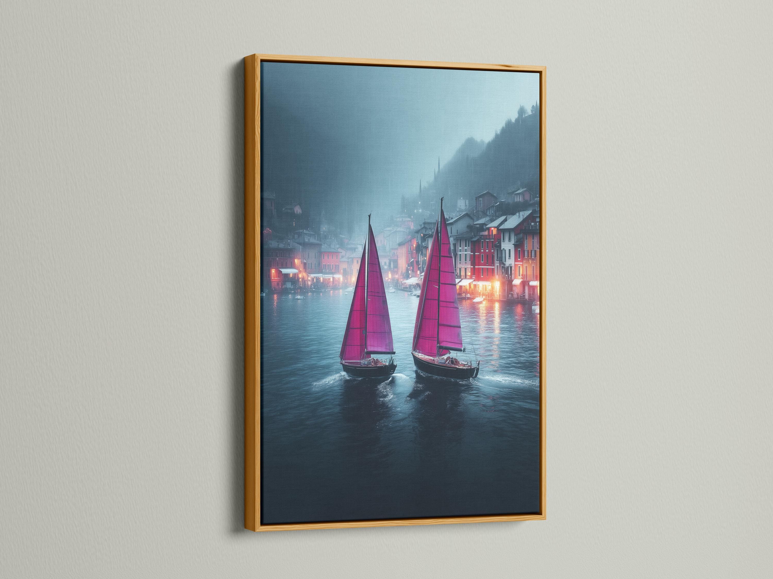 Two sailboats with tall pink sails on a misty blue-grey river, reflected in the water detail view