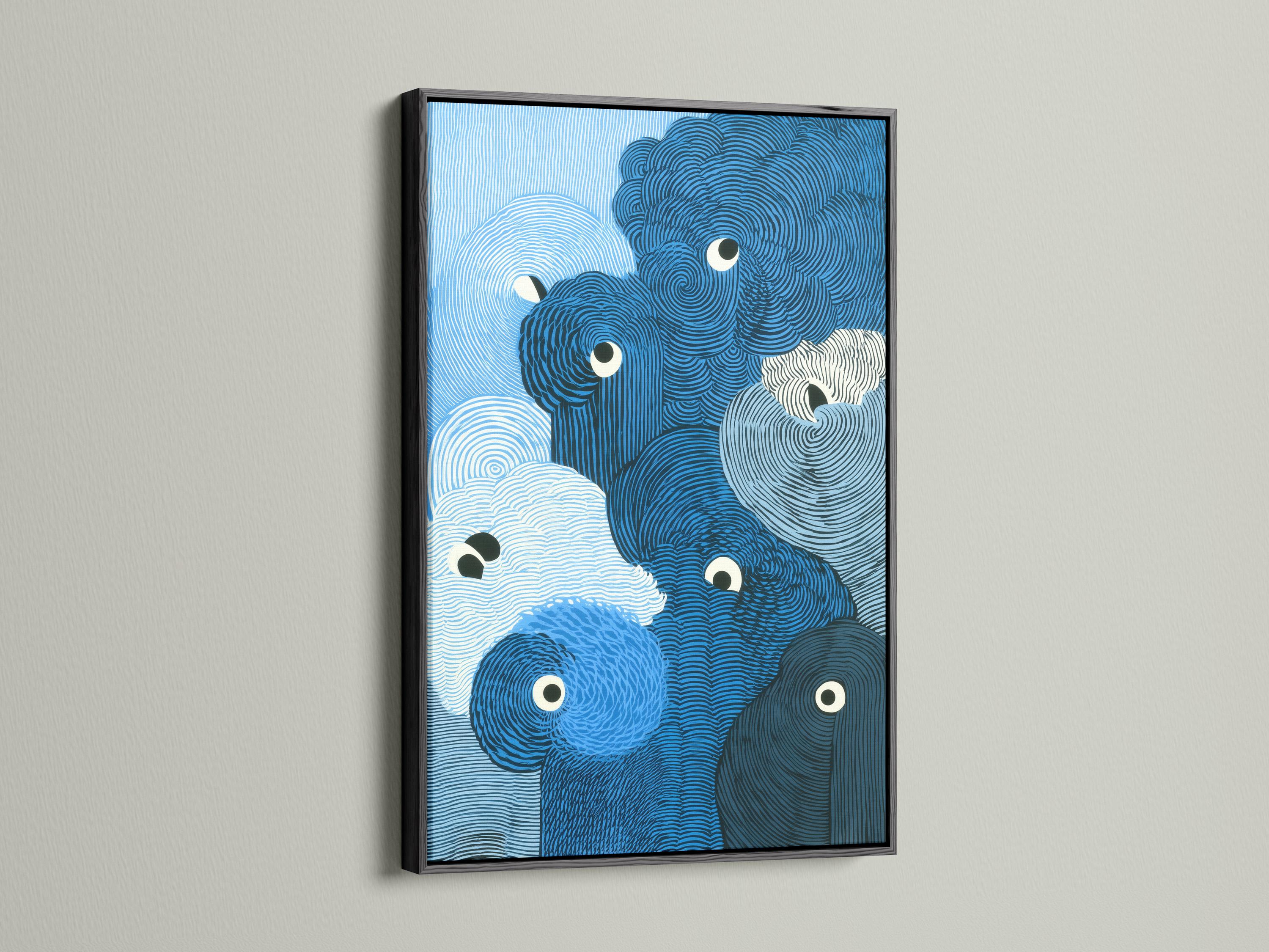 A blue animal portrait style artwork features overlapping rounded forms with spiralling contour lines and large cartoon eyes detail view