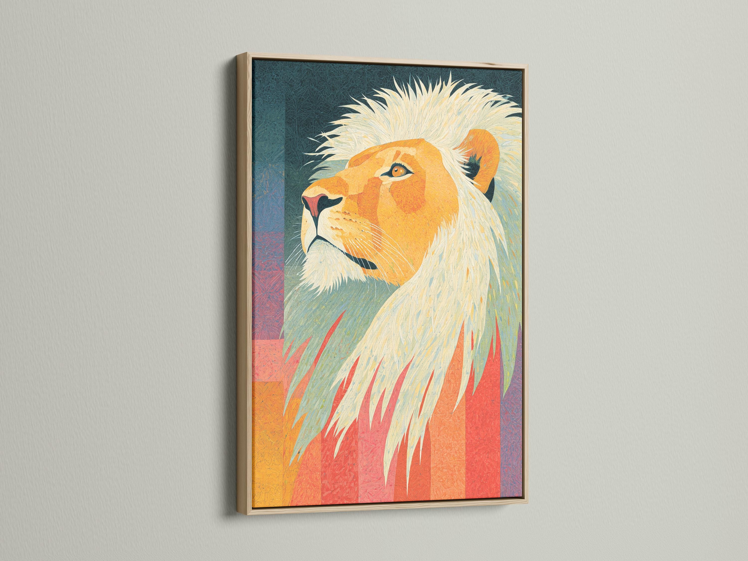 A lion portrait is shown in bright golden ochres with pale cream mane, set against a teal and sunset-coloured geometric background detail view