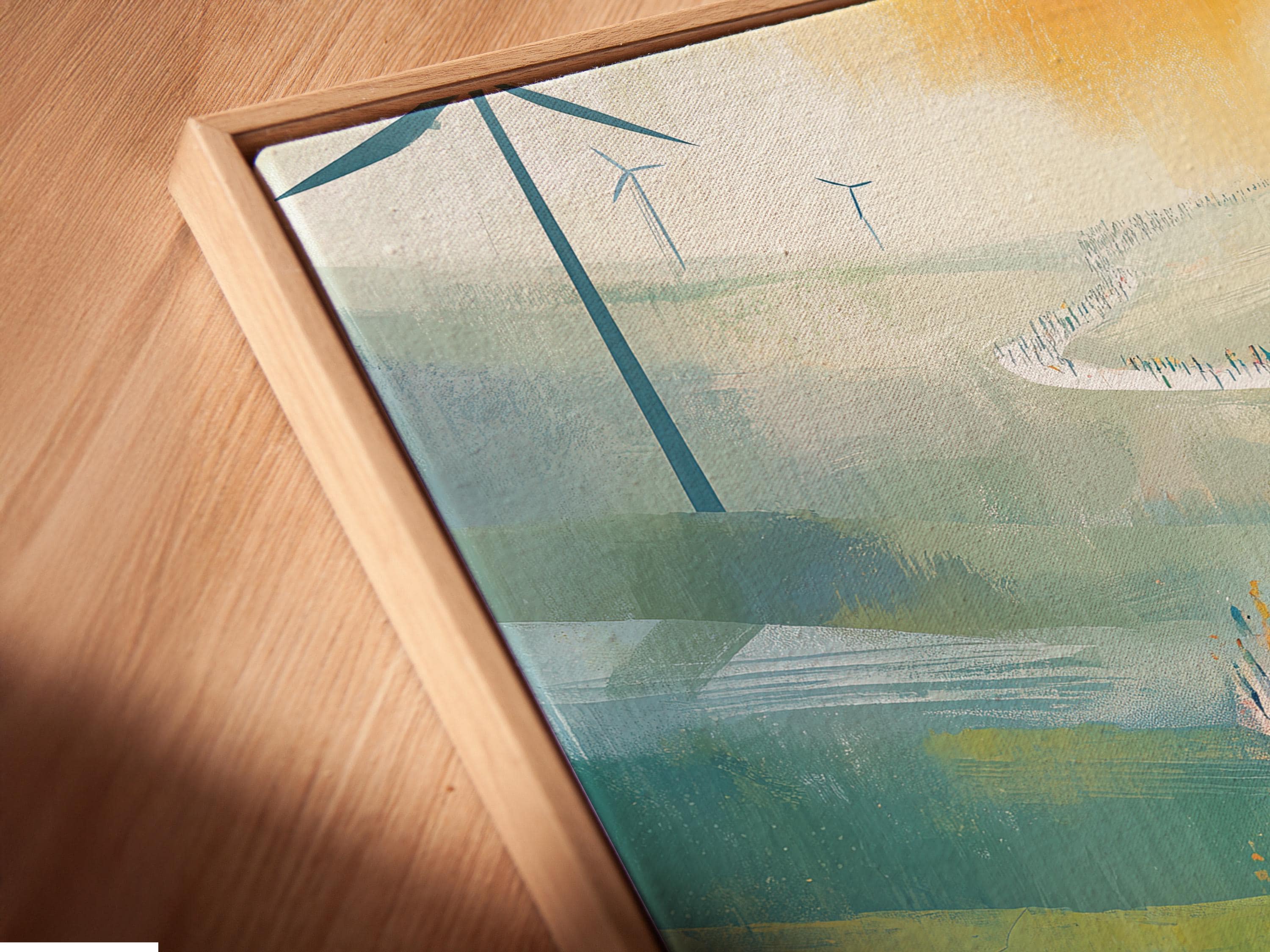Wind turbine landscape with a walking crowd along a winding path through blue-green hills detail view