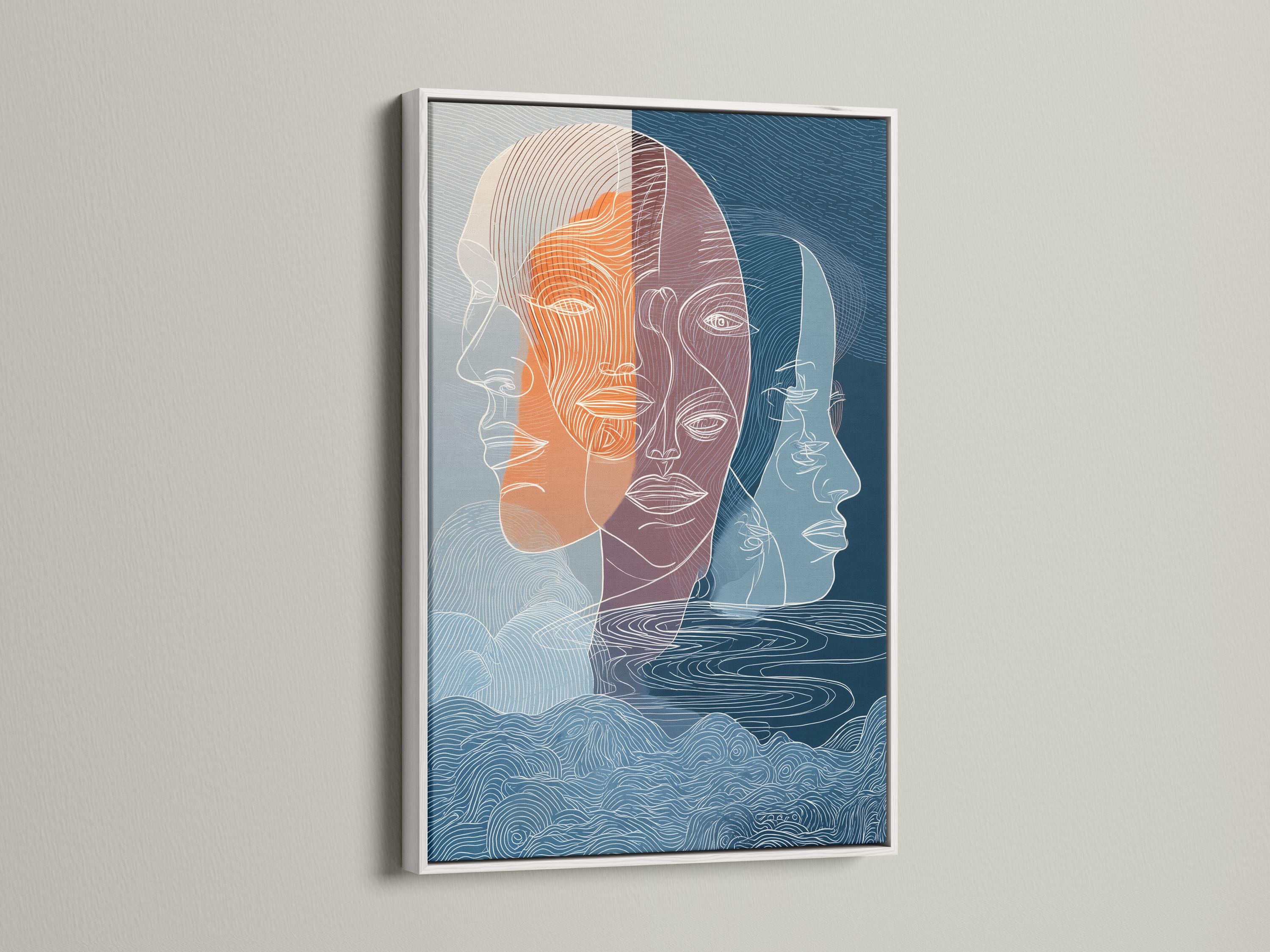 A pair of abstract line-illustrated faces fills the centre, layered in indigo, teal and warm terracotta/orange with flowing contour lines detail view