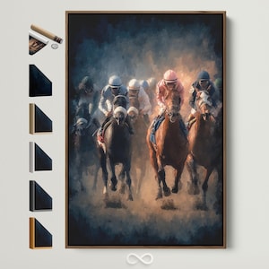 Arte en lienzo de carreras de caballos: obra de arte ecuestre, pintura de meta de caballo de carreras, decoración de pared de arena para él, regalo de jockey