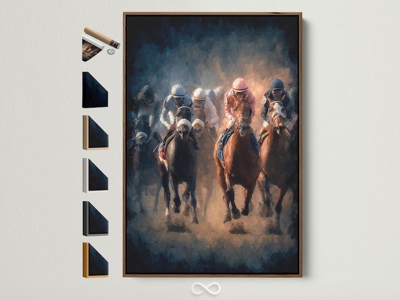 Horse racing artwork showing jockeys riding racehorses in smoky blue haze with warm orange highlights