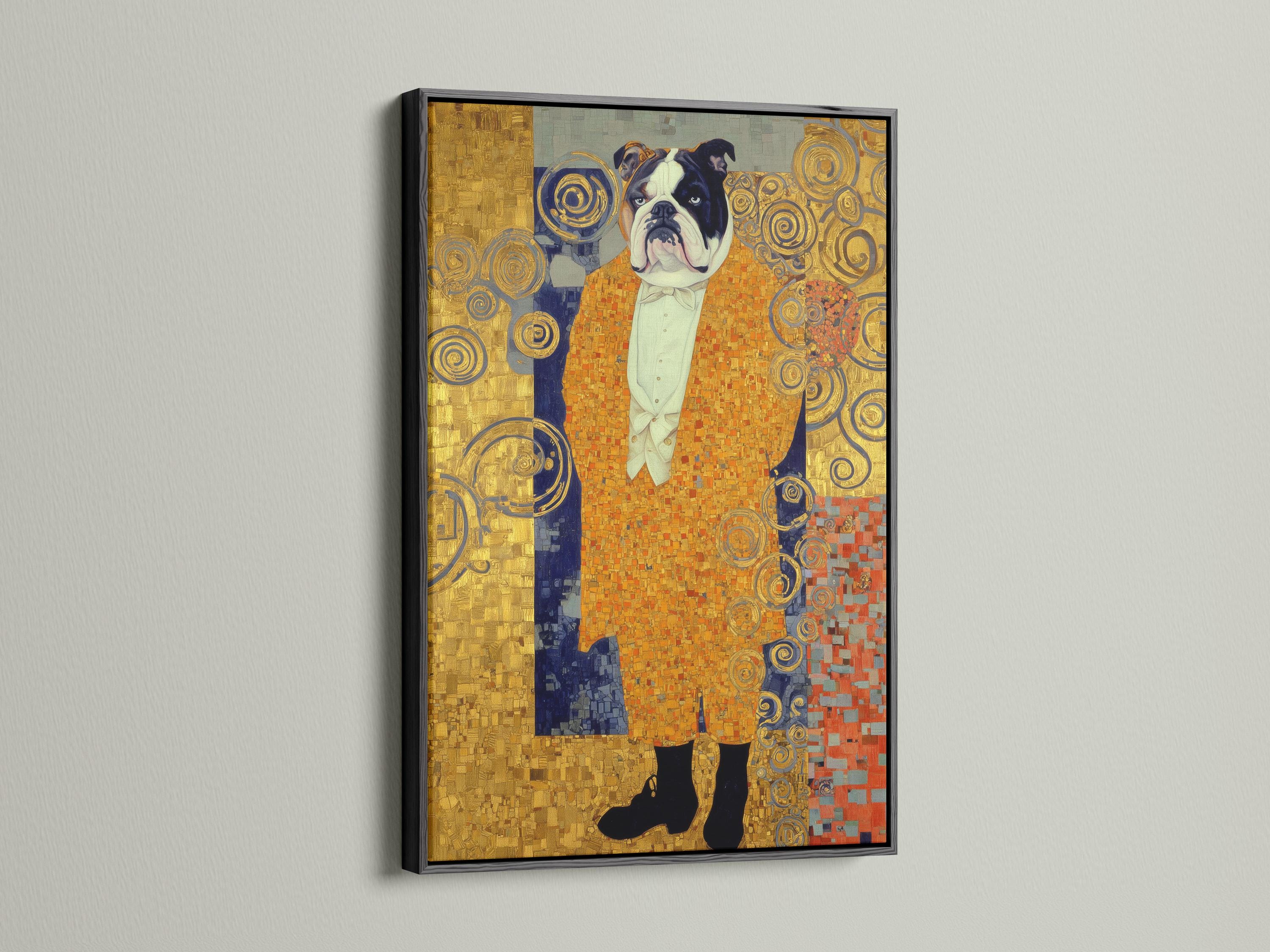 Stylised bulldog portrait with gold ornamental swirls and mosaic-like background in blue and warm reds detail view