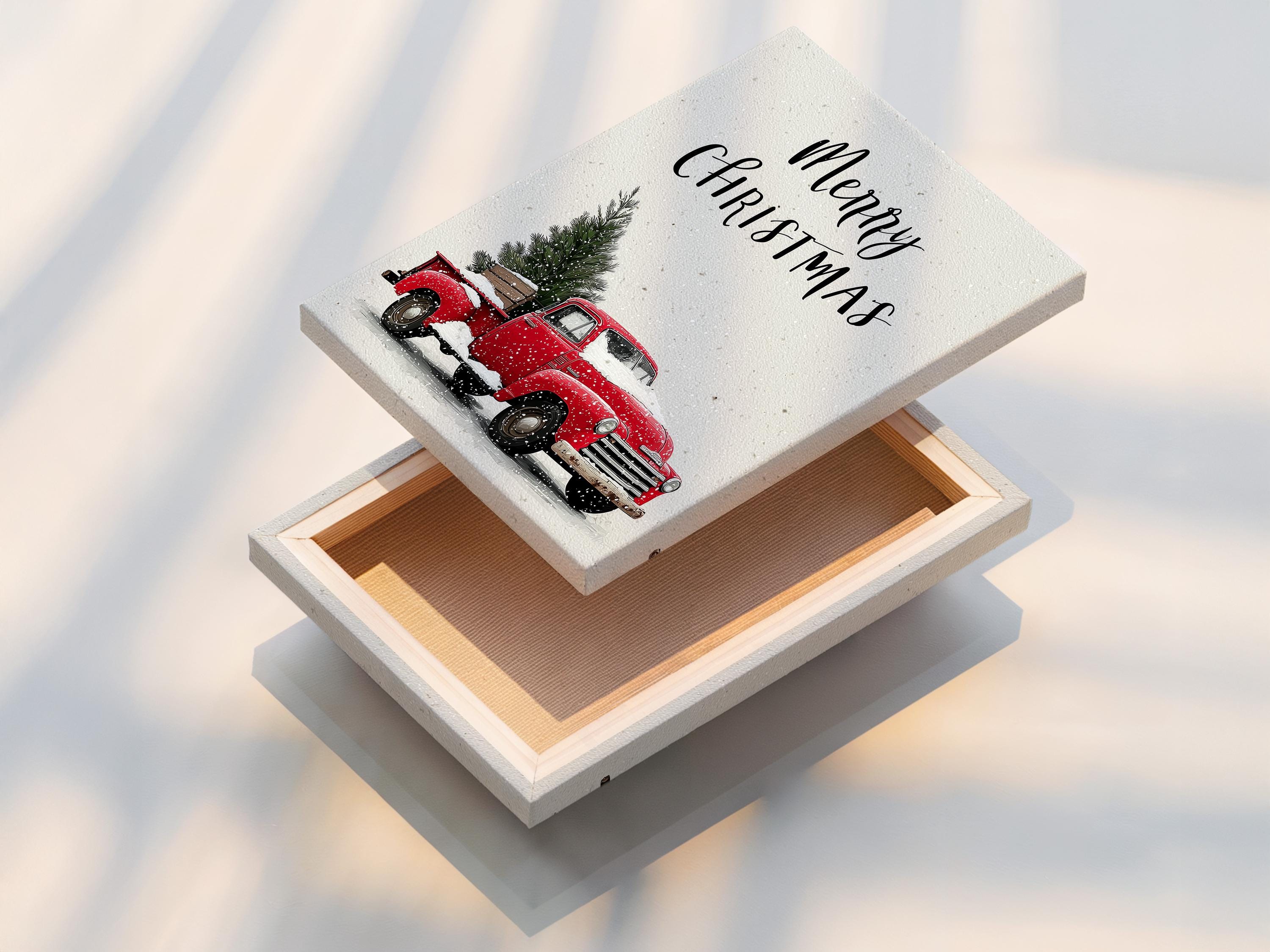 A white, snow-speckled scene shows a red vintage truck holding a Christmas tree, with handwritten-style text above it reading “Merry Christmas.”