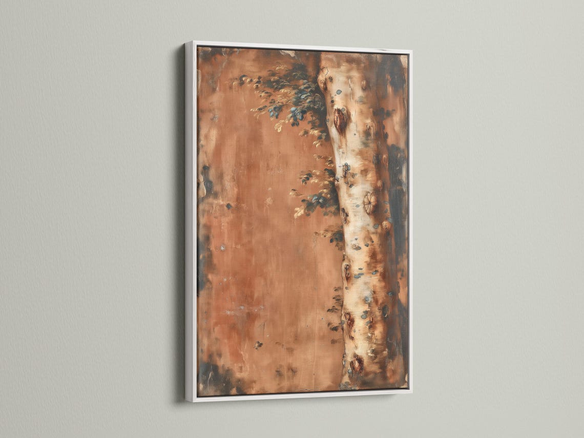 Textured tree landscape painting with a birch-like trunk on the right and leafy branches extending left detail view