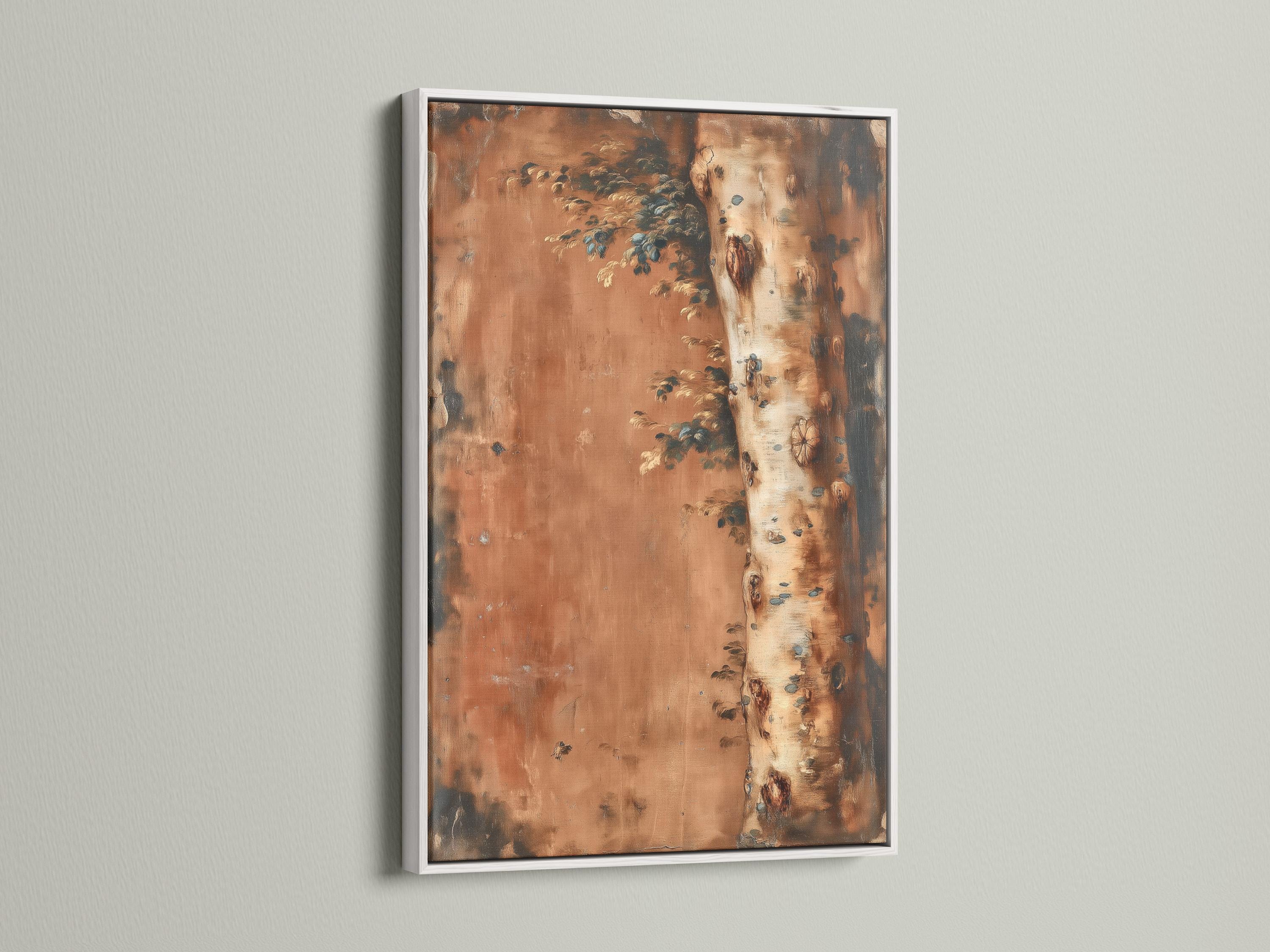 Textured tree landscape painting with a birch-like trunk on the right and leafy branches extending left detail view