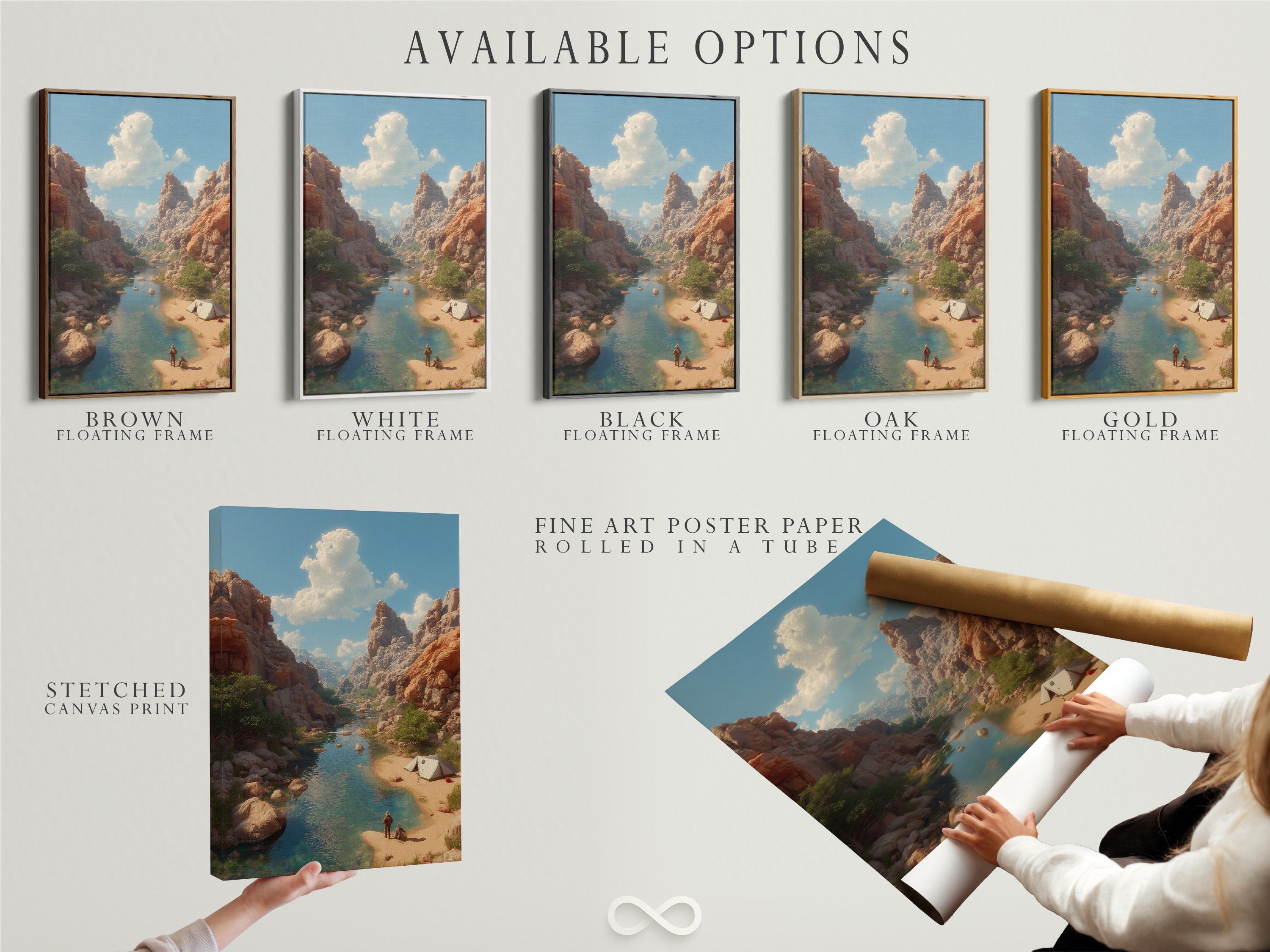 A framed desert canyon river landscape displayed with smaller preview images around it
