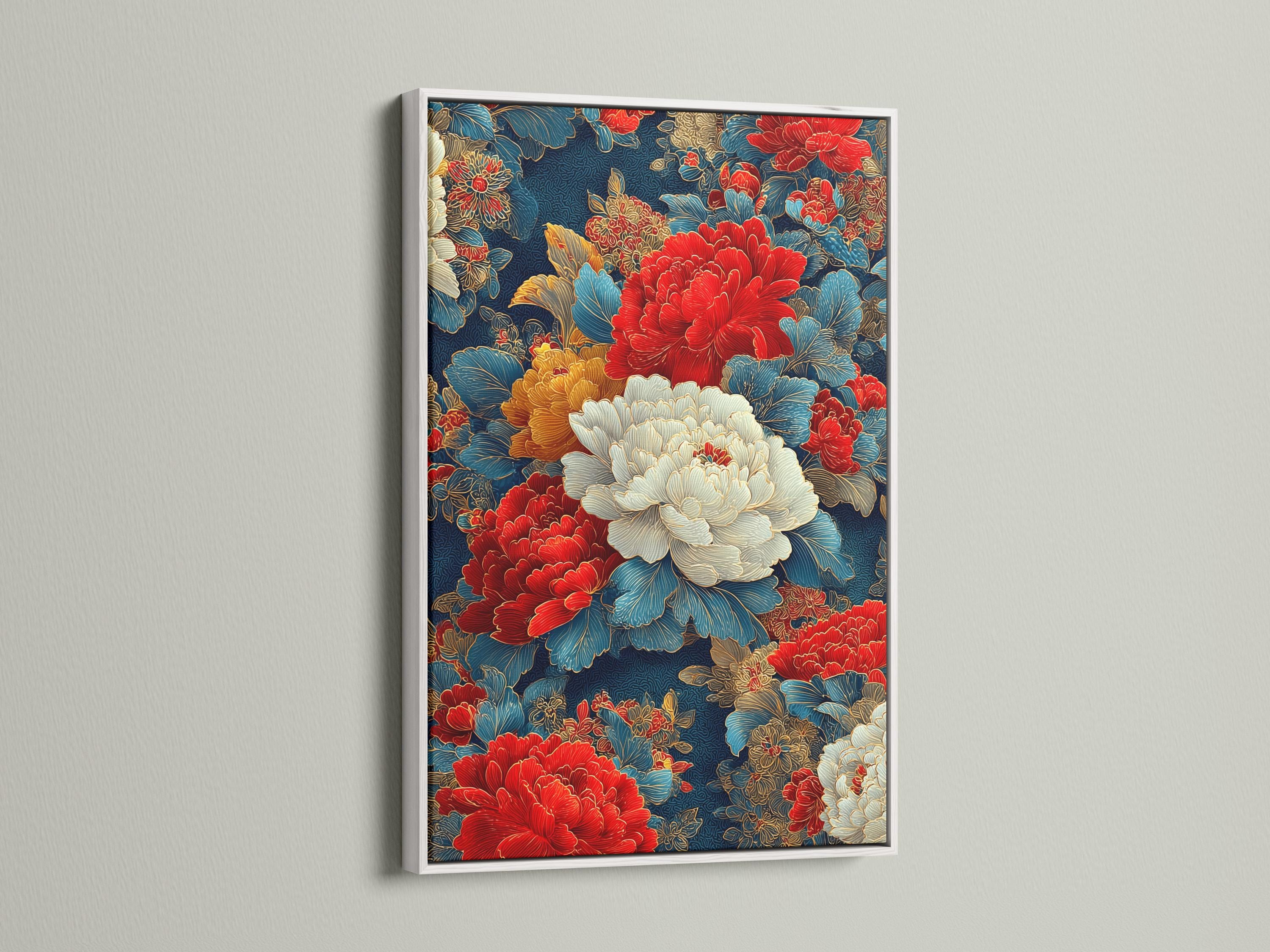 Wall mockup showing an ornate floral artwork with red peonies and cream petals framed against a light background
