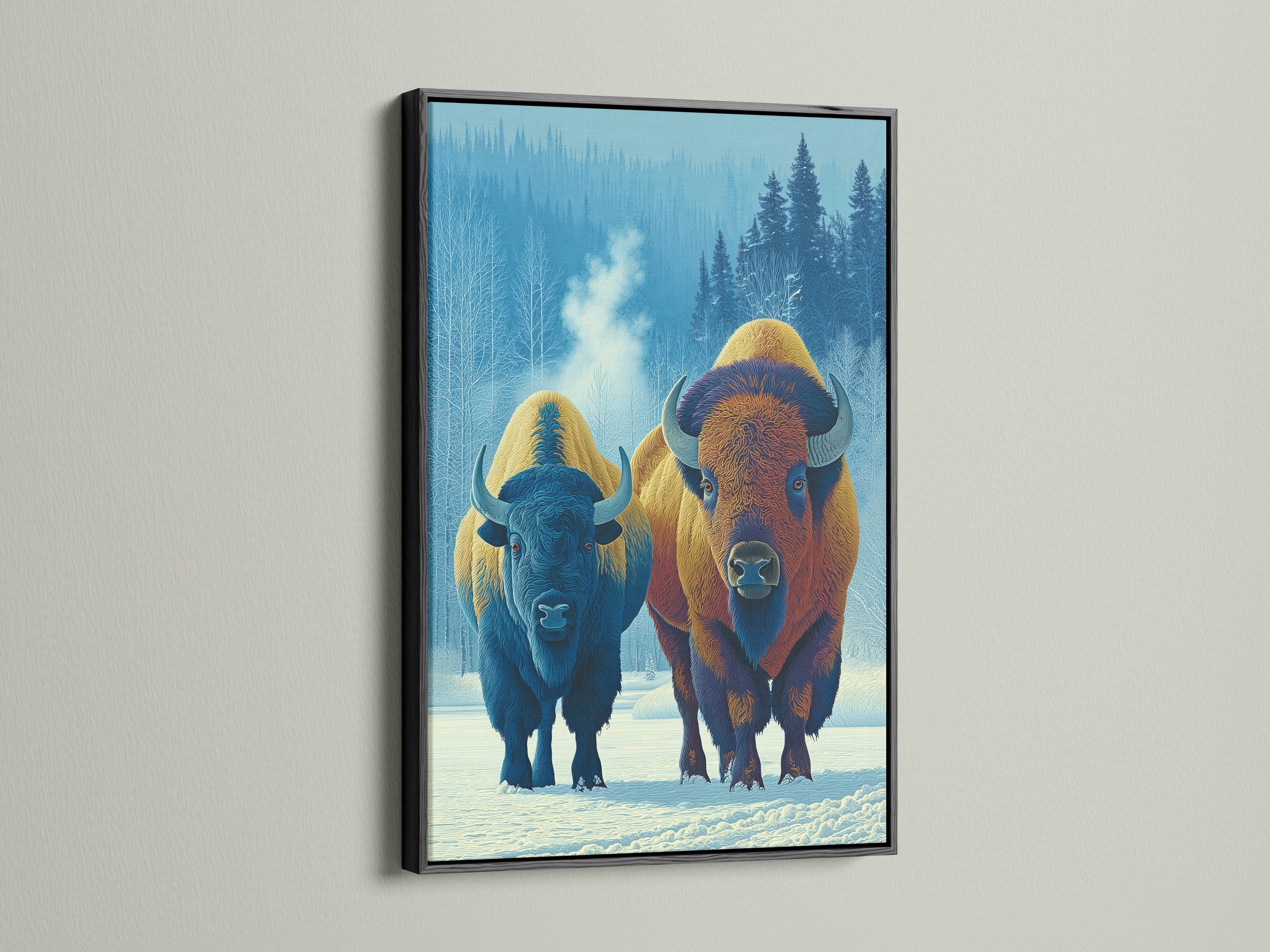 Two stylised bison in a snowy forest scene with cool blue trees and warm fur tones detail view