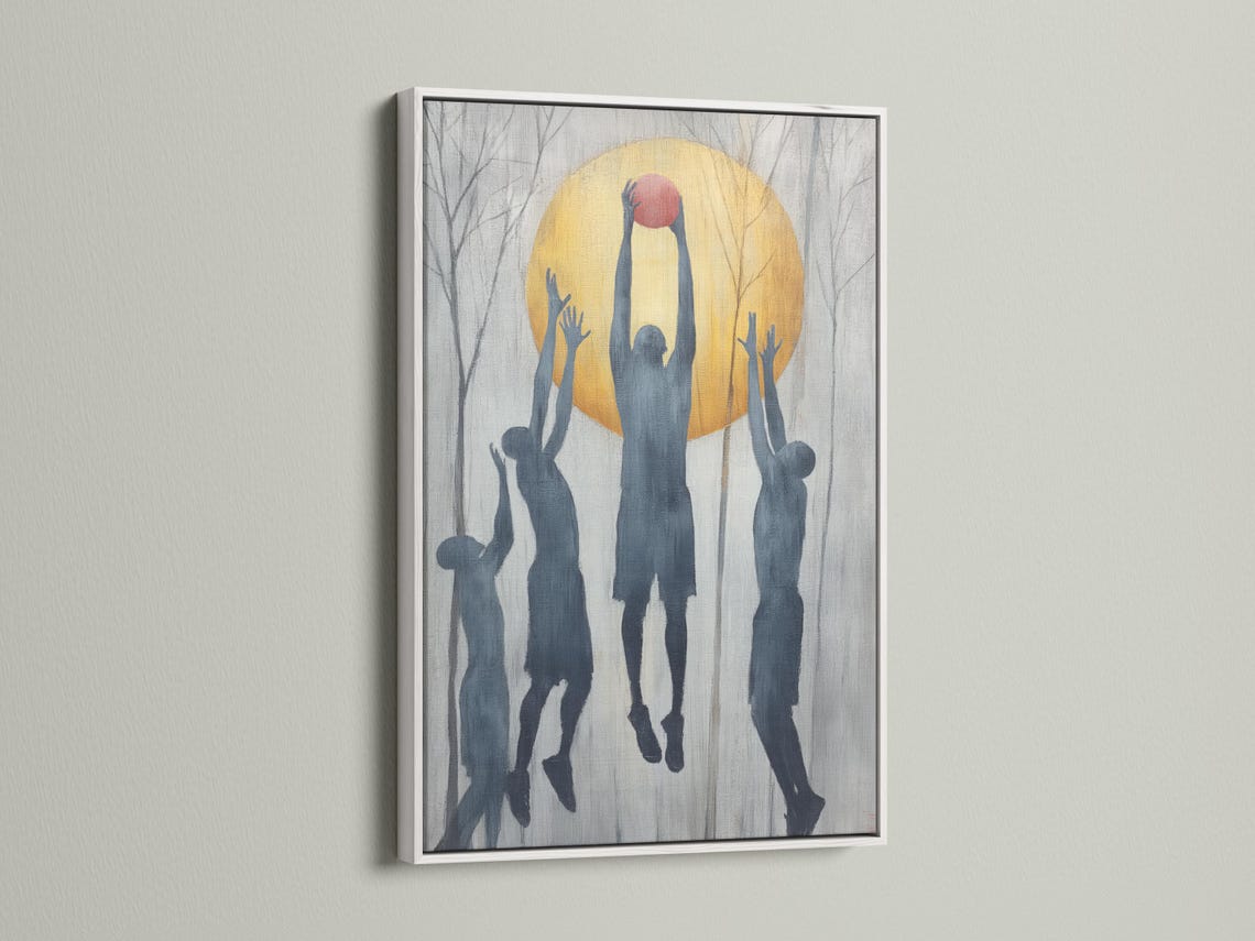 Basketball hoop silhouette with blue player figures reaching up inside a golden circle detail view