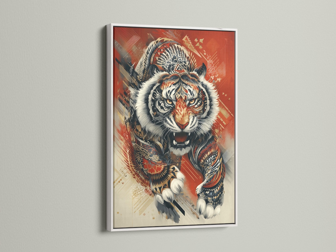 Roaring tiger wall artwork shown with wall mounting options and frame mockups on a light background