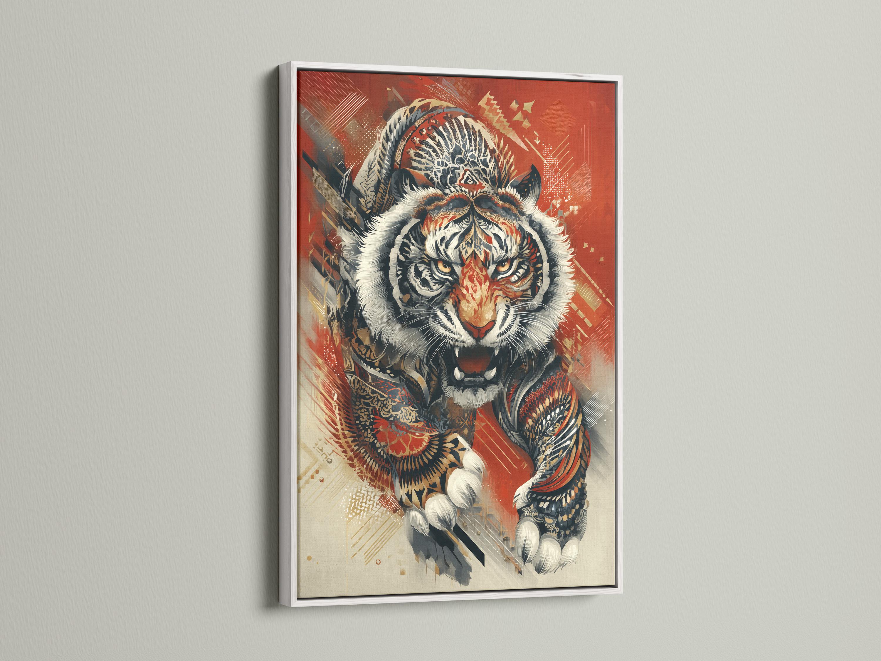 Roaring tiger wall artwork shown with wall mounting options and frame mockups on a light background