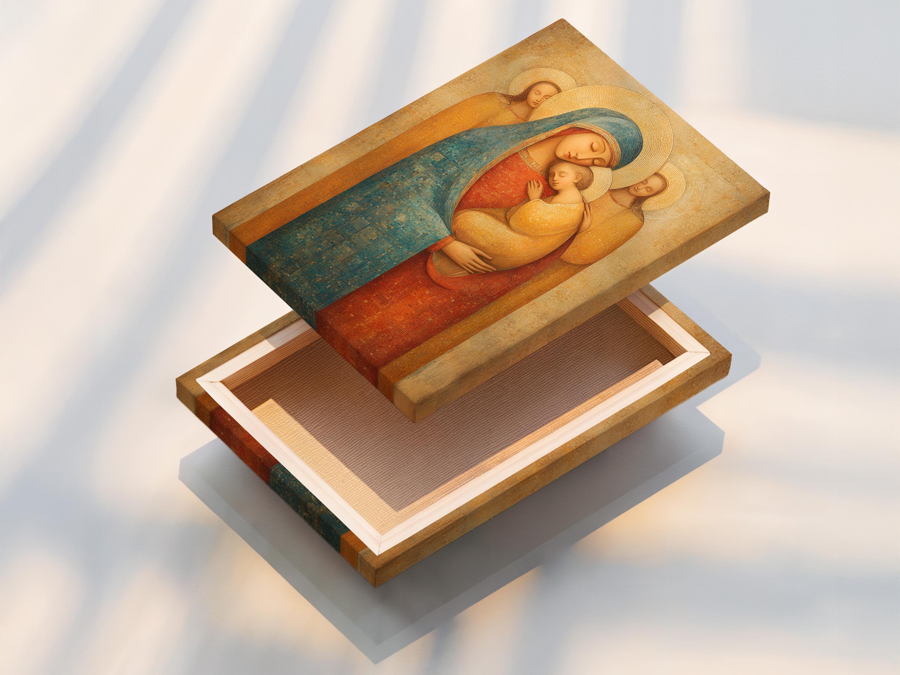 Room mockup showing framed Madonna and Child religious icon artwork