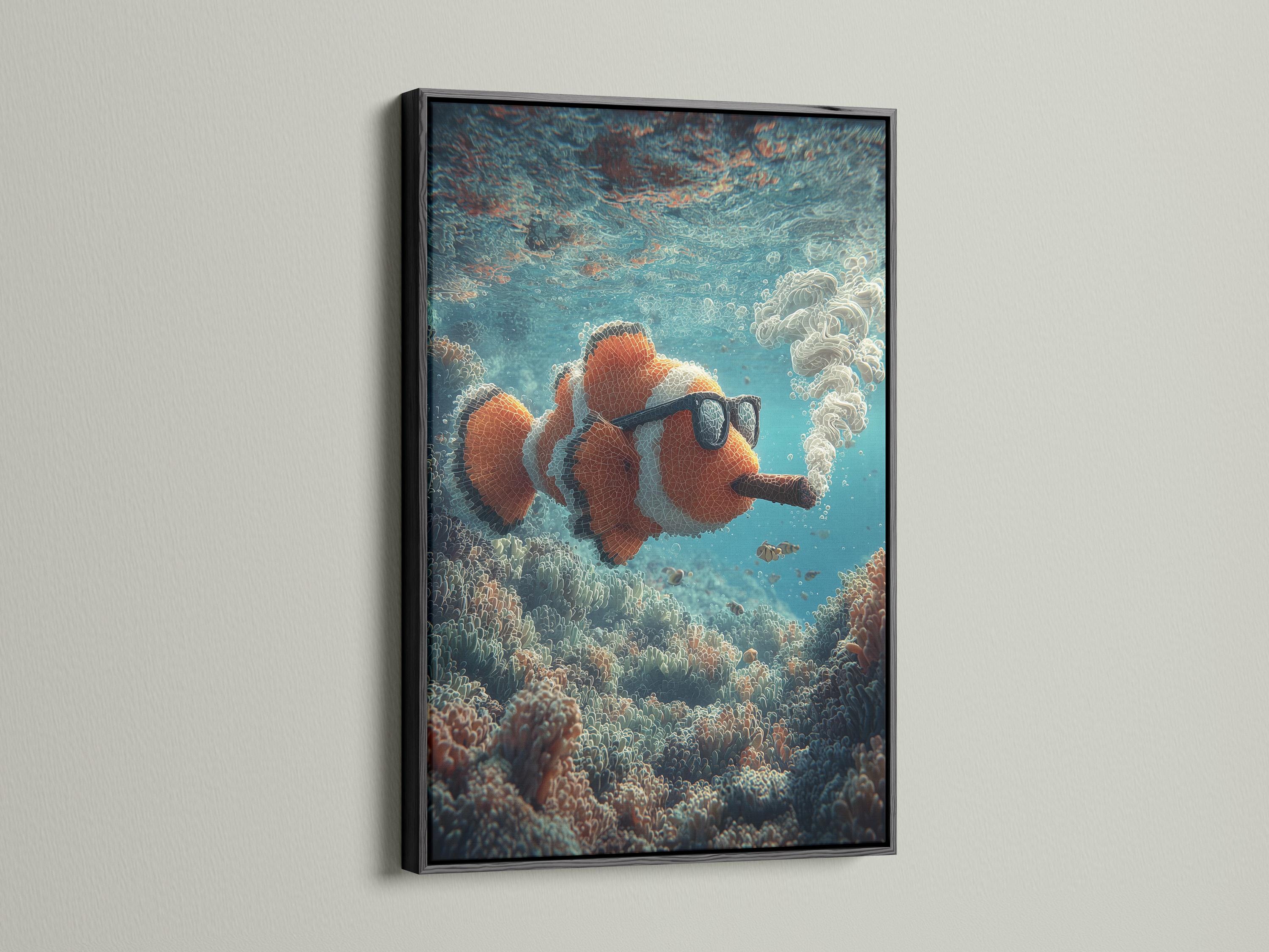 Underwater illustration of a clownfish wearing dark glasses and holding a cigar among coral and bubbles detail view