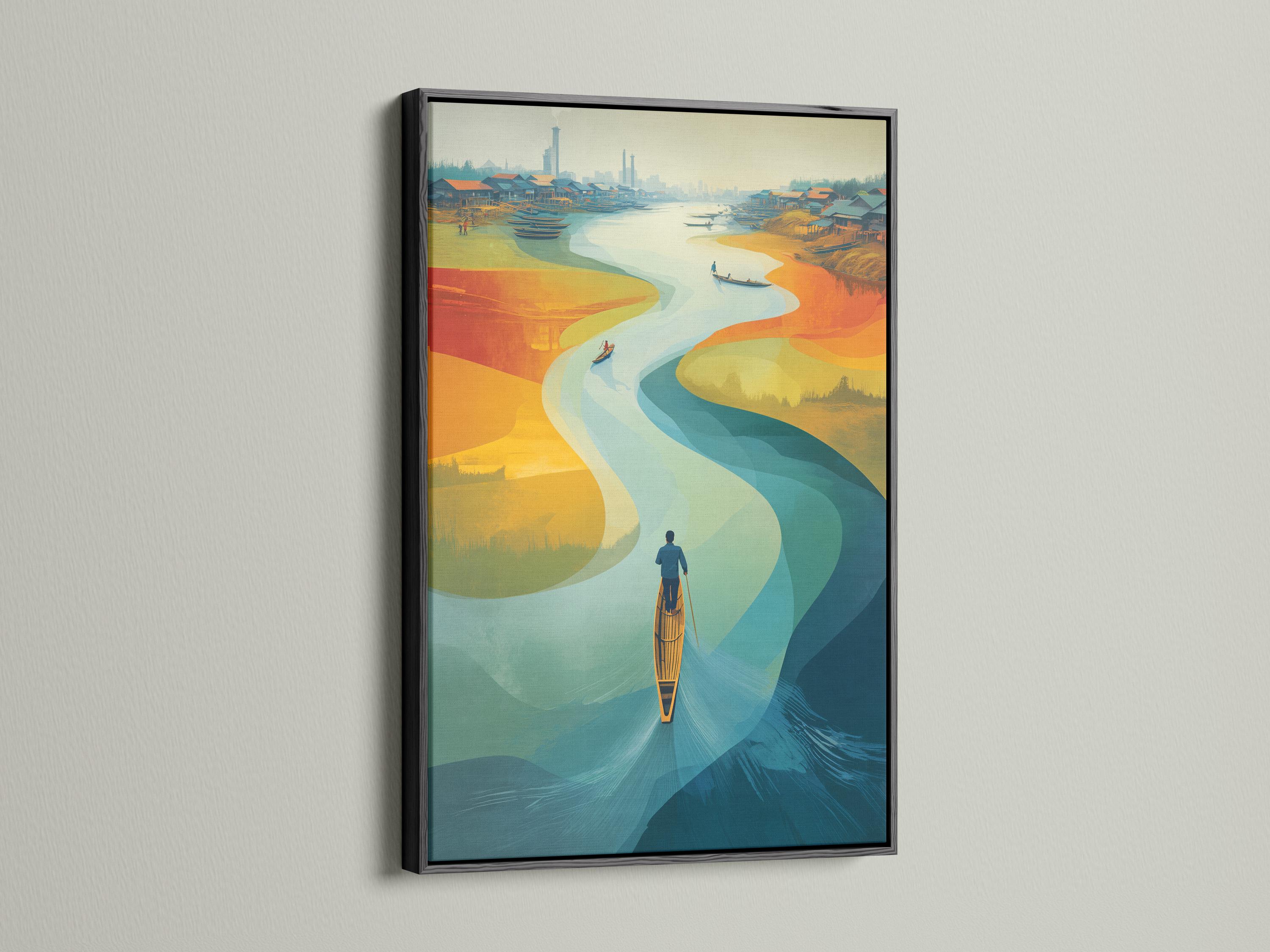Abstract river landscape with a small boat and distant skyline, shown in blue, teal, and warm orange tones detail view